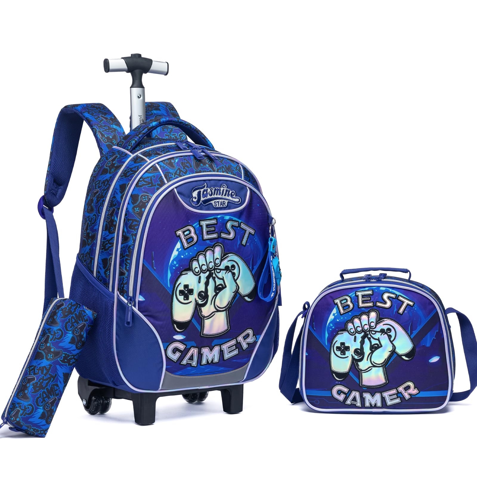 Egchescebo Kids Rolling Gamepad Backpack for Boys Trolley Suitcases Luggage Travel with Wheels Bookbag Wheeled 17 3PCS Roller