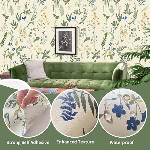 Miniatura 4 de Papel tapiz floral para despegar y pegar, bohemio, 17.5 x 118 pulgadas, papel tapiz extraíble para dormitorio y baño, papel tapiz fácil de despegar