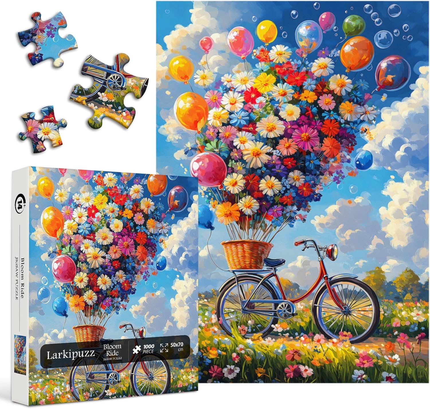 Flower Puzzles for Adults 1000 Pieces, Larkipuzz Colorful Wildflower Garden Puzzle Bike Balloon, Difficult Impossible Bloom Ride Theme as Home Art