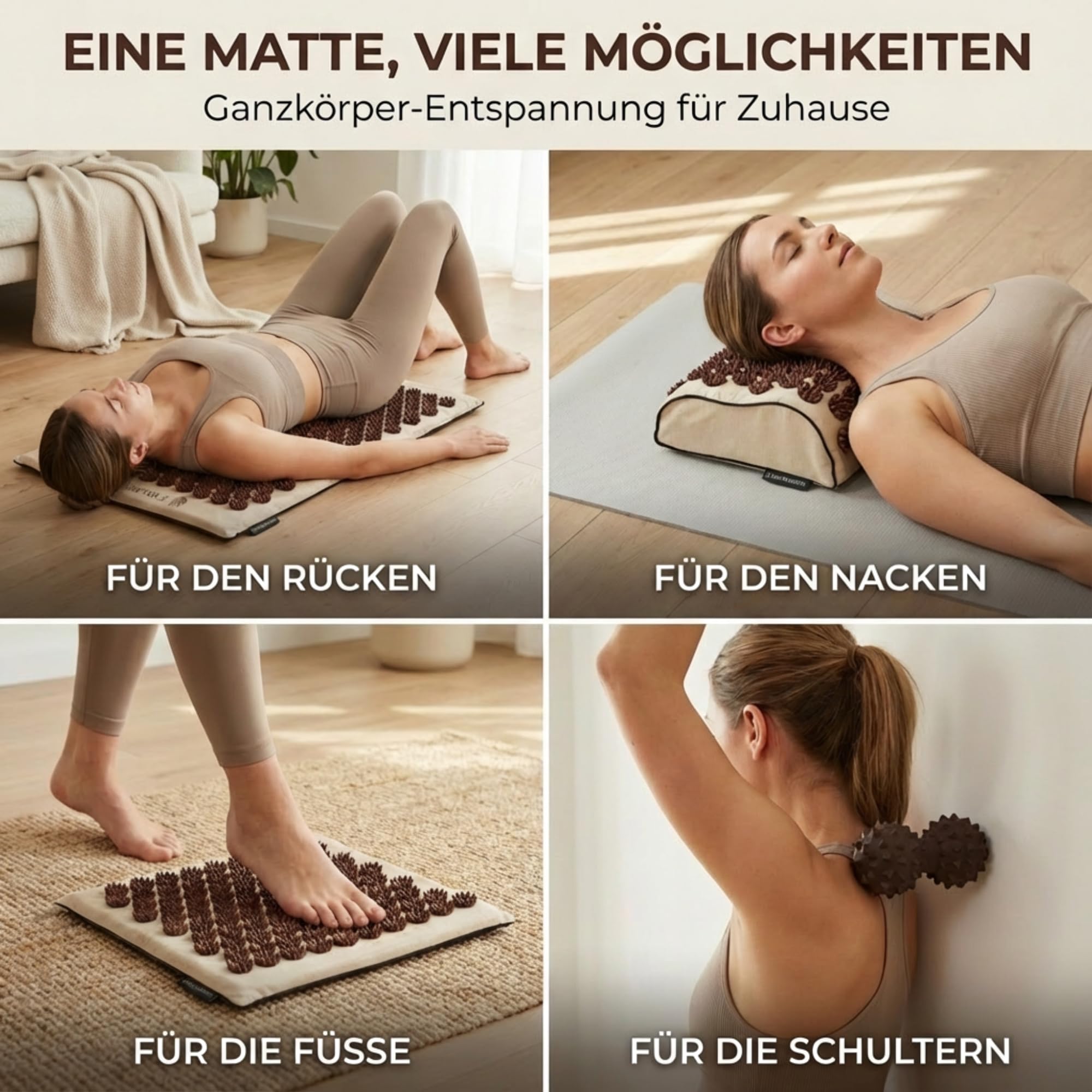 Tapis d'acupression 6 en 1 de qualité supérieure - Édition grès - Massage du dos et du cou contre le stress et les tensions - Avec coussin, tapis supplémentaire, balle de massage et sac