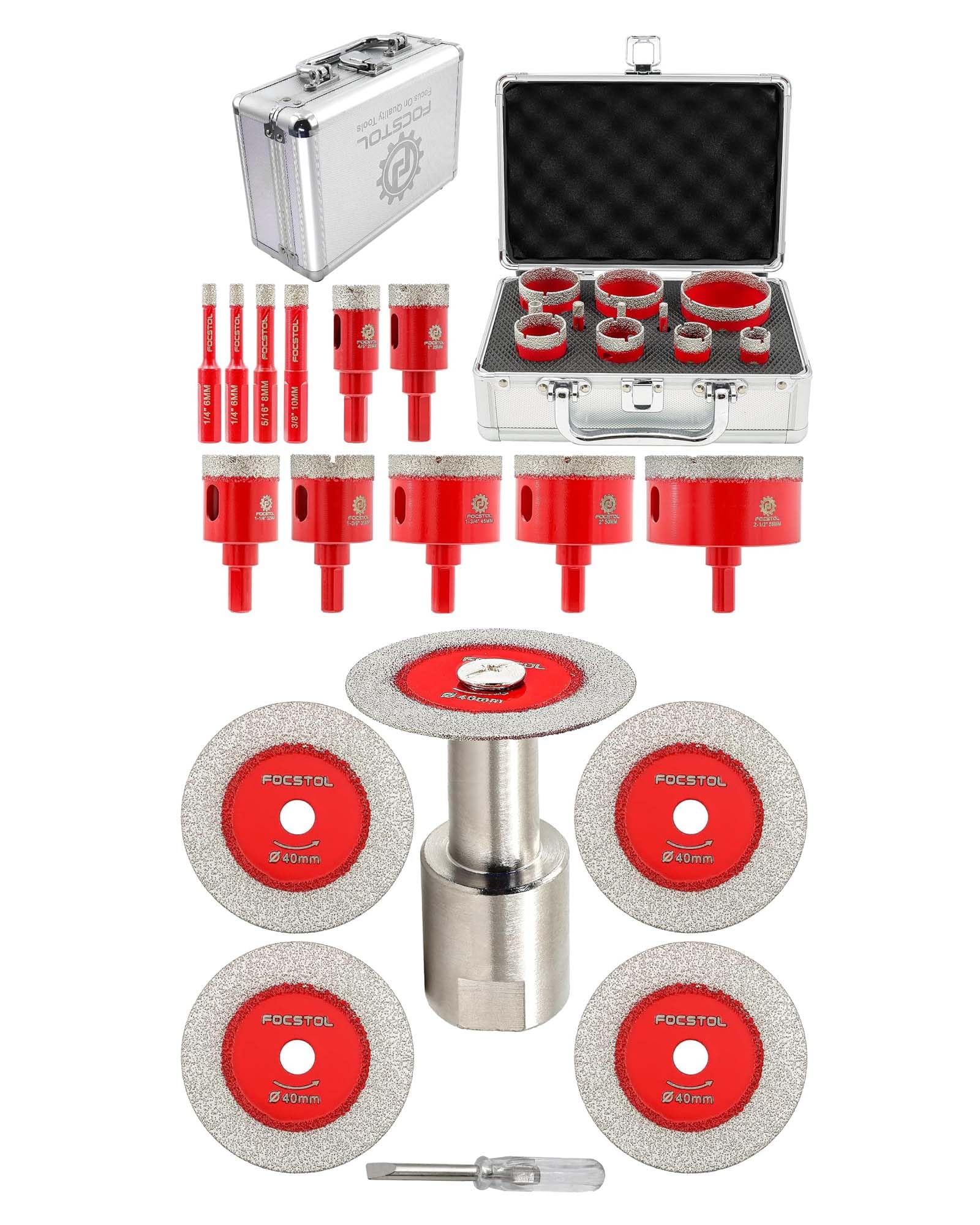 FOCSTOL Disco Corte Vidrio 5 piezas 40mm Disco Diamante y 1 pieza M14 Brida y Juego de Brocas Diamante 11 piezas