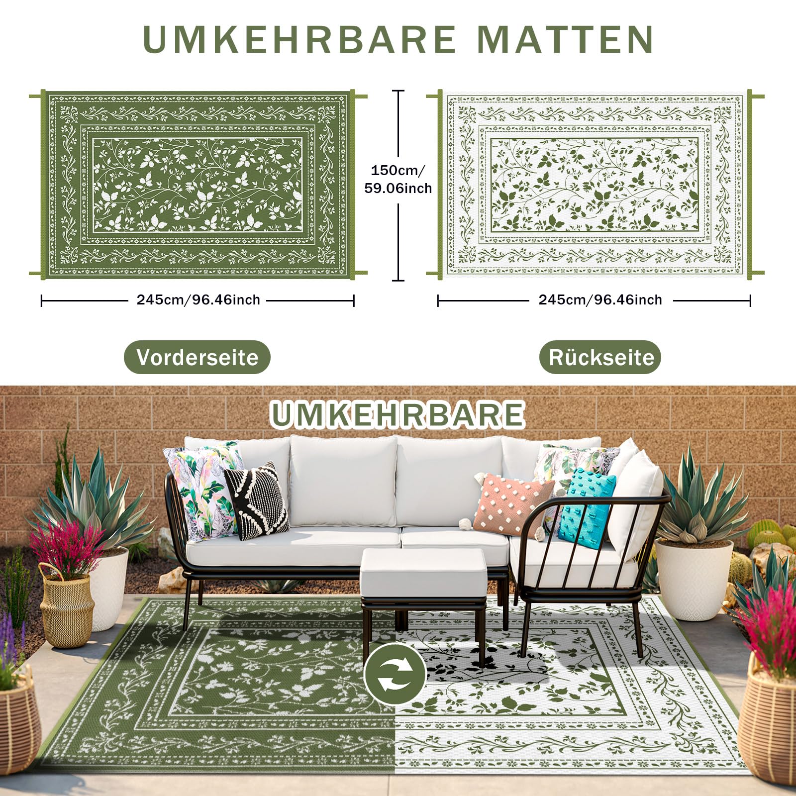 Grün Outdoor Teppich Wetterfest 150x245cm, Wendbarer Balkon Teppich, Outdoorteppich Matte Kunststoff Teppiche, Wasserdichter Außenteppich, UV-Beständige Camping Teppiche für Terrasse Garten RV
