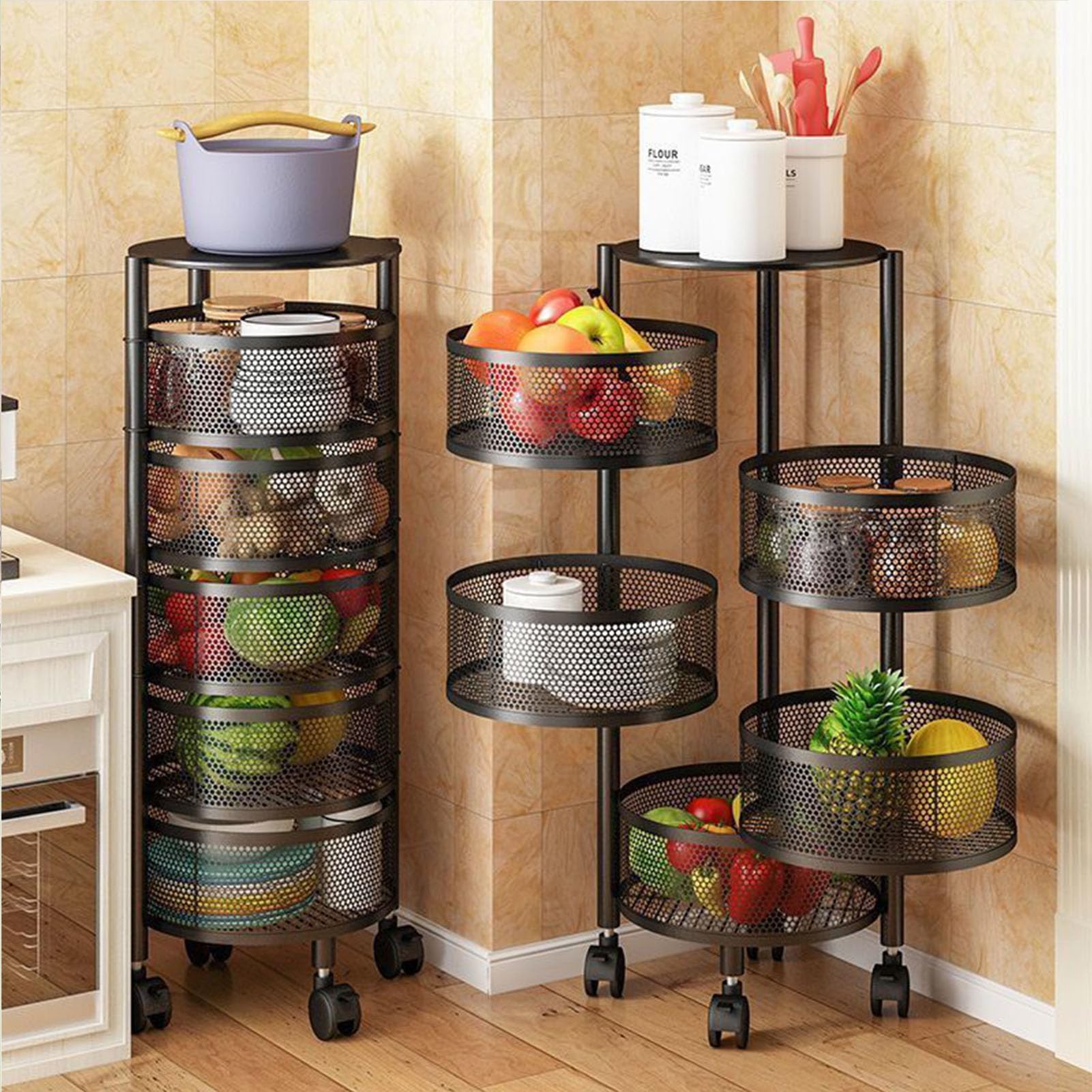 KNVSS Carrito De Almacenamiento De Metal Moderno De 5 Niveles Con Cesta Giratoria, Negro
