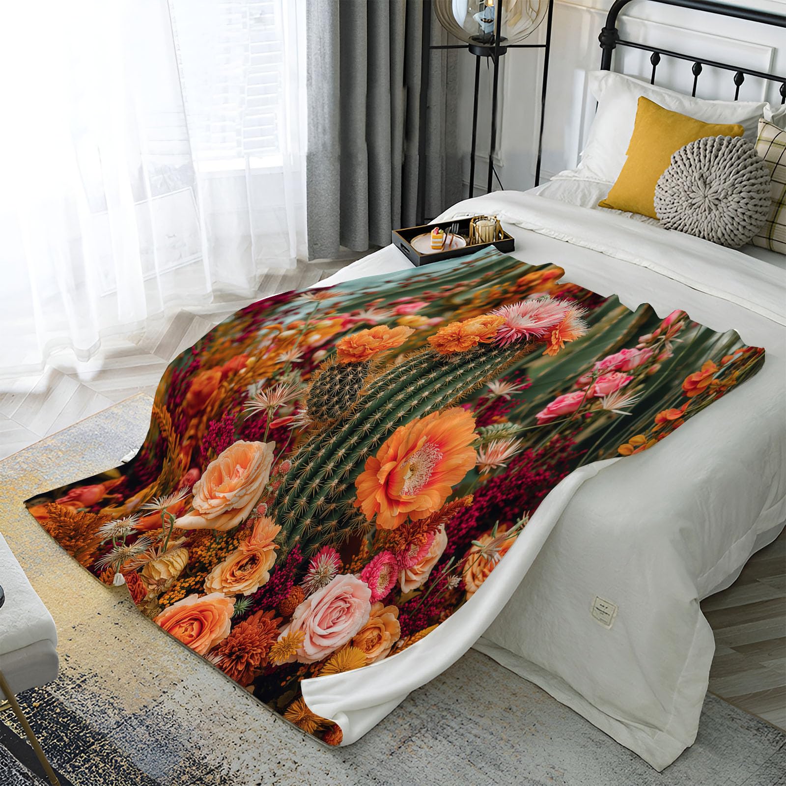Manta Fotografía De Flores Franela de Suave, Manta Vistoso con Estampado Cactus Rosas Margaritas Suave y Acogedora, para Niños y Adultos Cama Sofá Sillón Viajes 220x240 cm