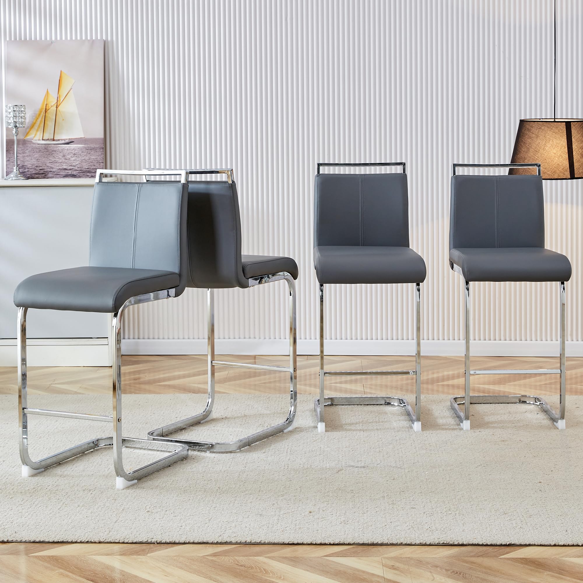gopop Bar Stools Set of 4,Counter Height Bar Stools with Backs,Grey Barstools with Chrome Plated Metal Leg,Upholstered Leather Counter Stools Ideal
