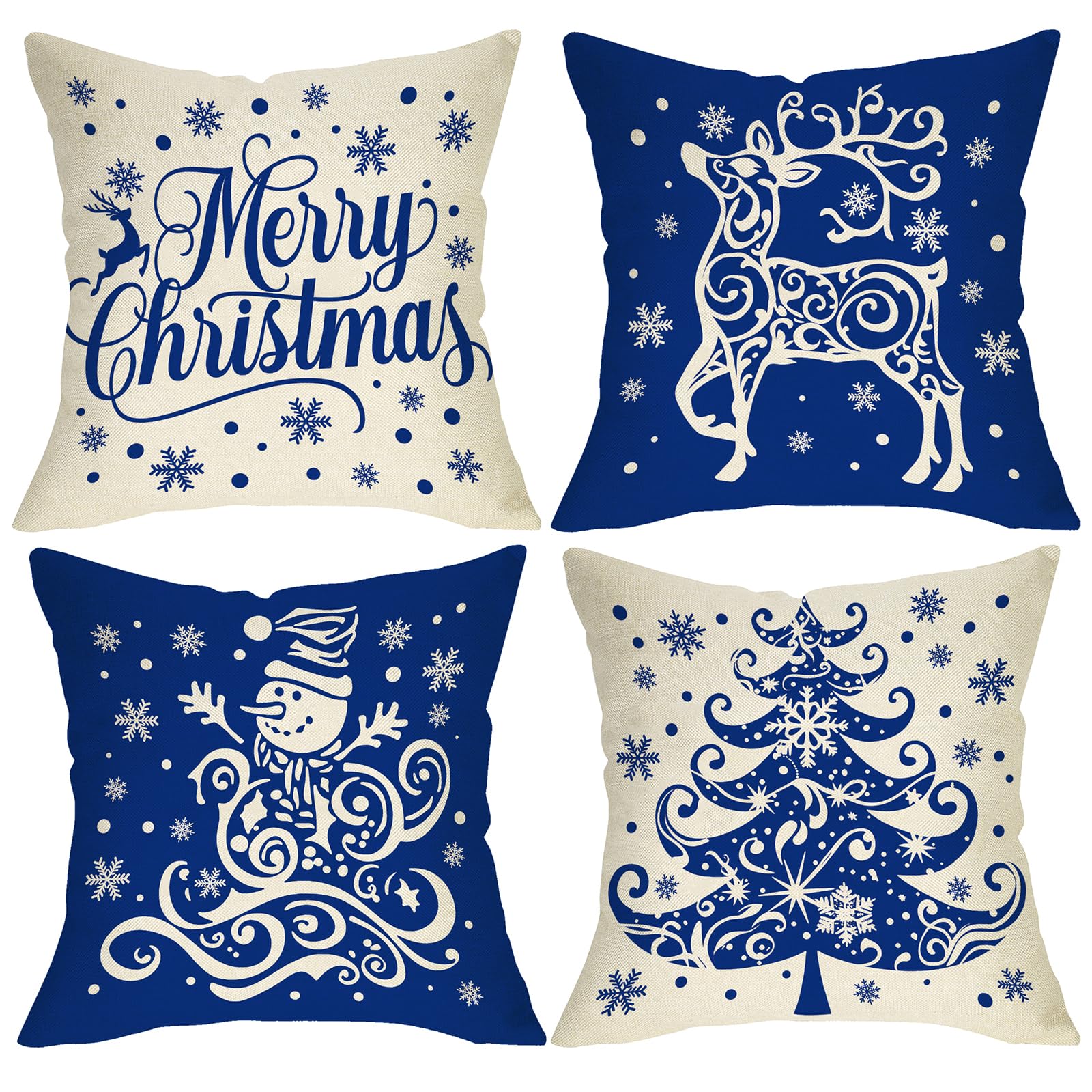 Fjfz Merry Christmas Tree Blue Decorative Throw Pillow Covers 18 x 18 Set of 4 Xmas Reindeer Snowman