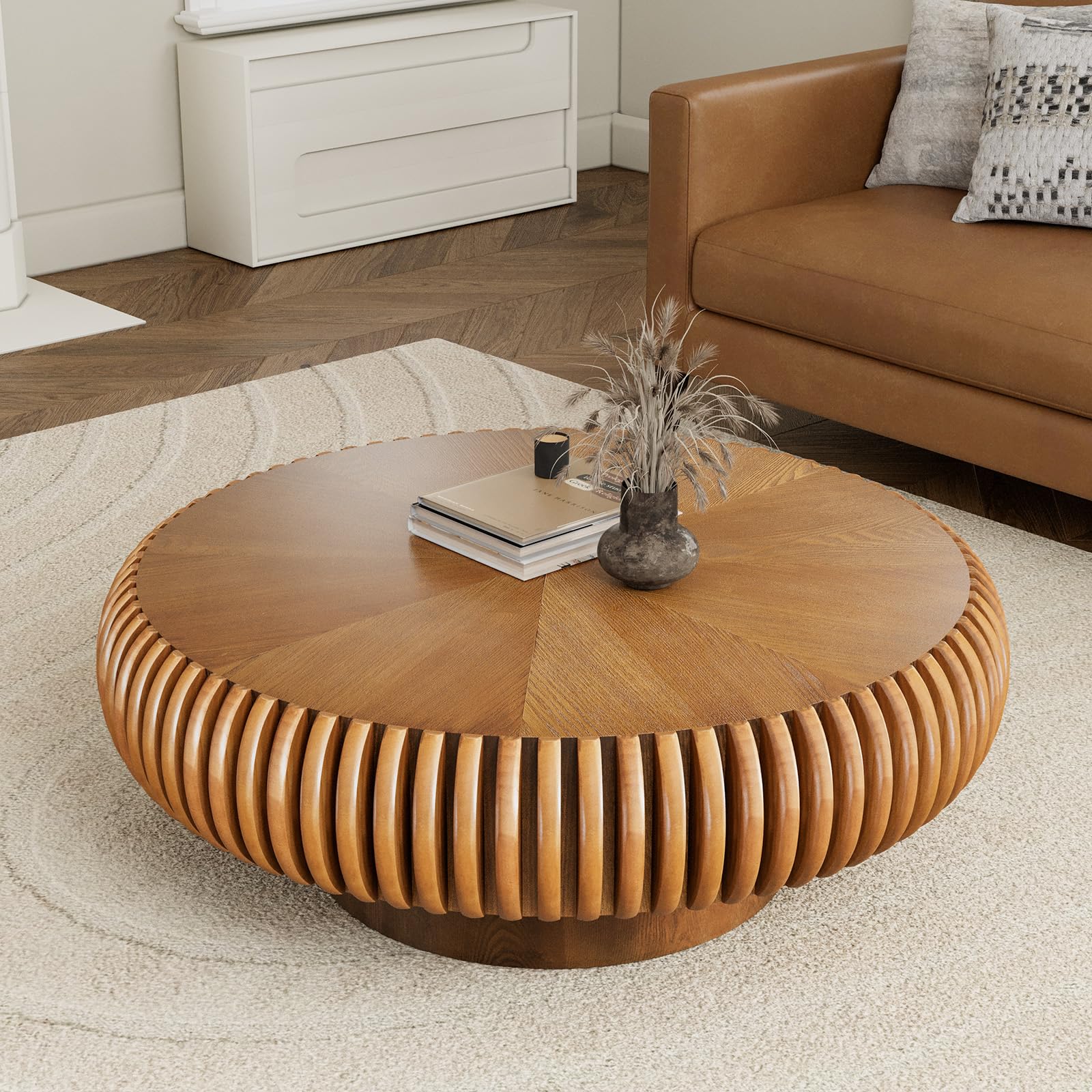 Chic Round Fluted Coffee Table - Handcraft Relief Veneer Contemporary Circle Drum Accent Center Table for Living Room Reception Room, Easy Assemble (C Brown 31.49in)