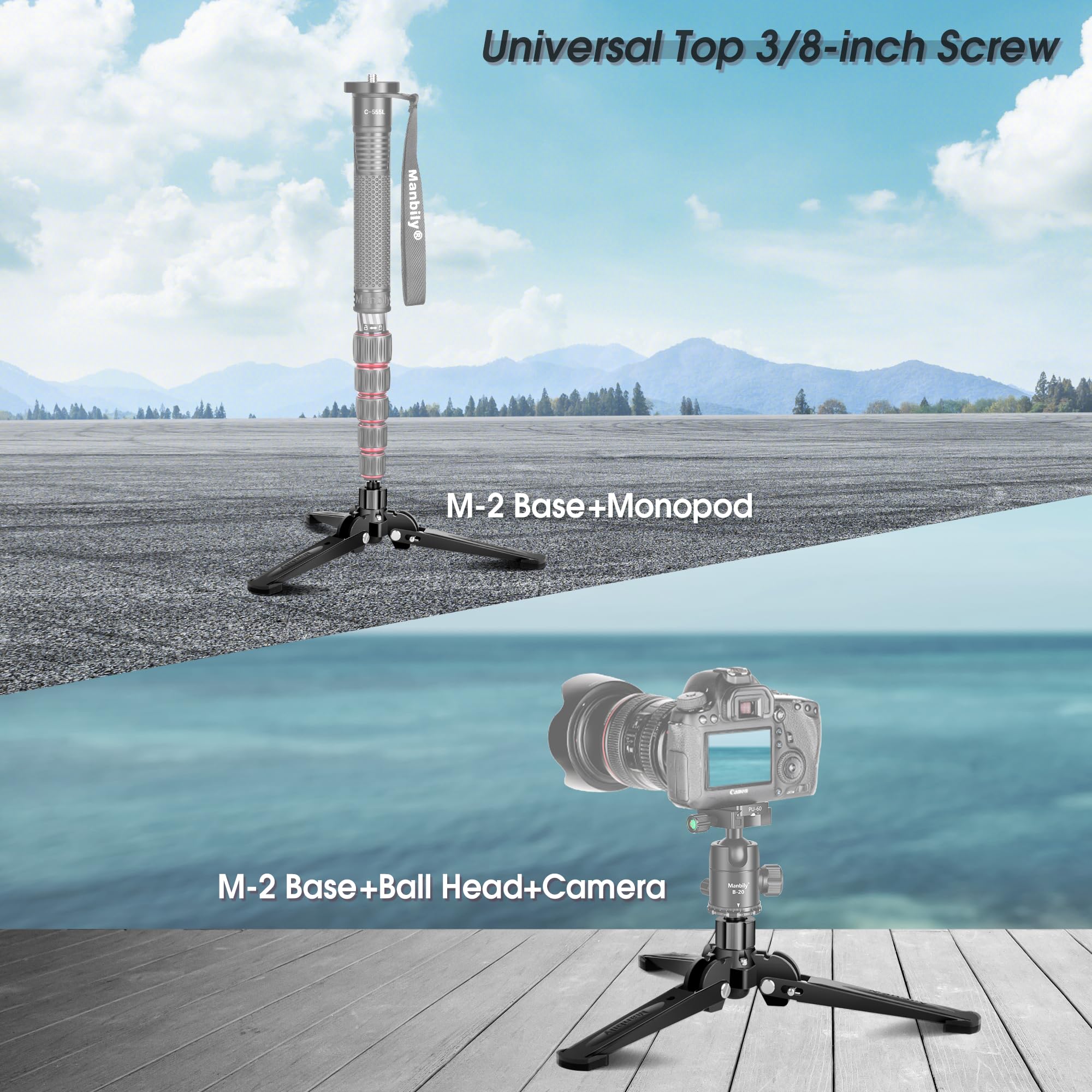 Manbily M-2 Mini-Stativfuß für Einbeinstativ 3/8 Zoll Desktop Stativ Basis DREI Füßen Stehen Unterstützen, Reise für Kugelkopf, Fluid-Kopf, DSLR-Kamera Neigung 20°, 360° drehen, Schwarz