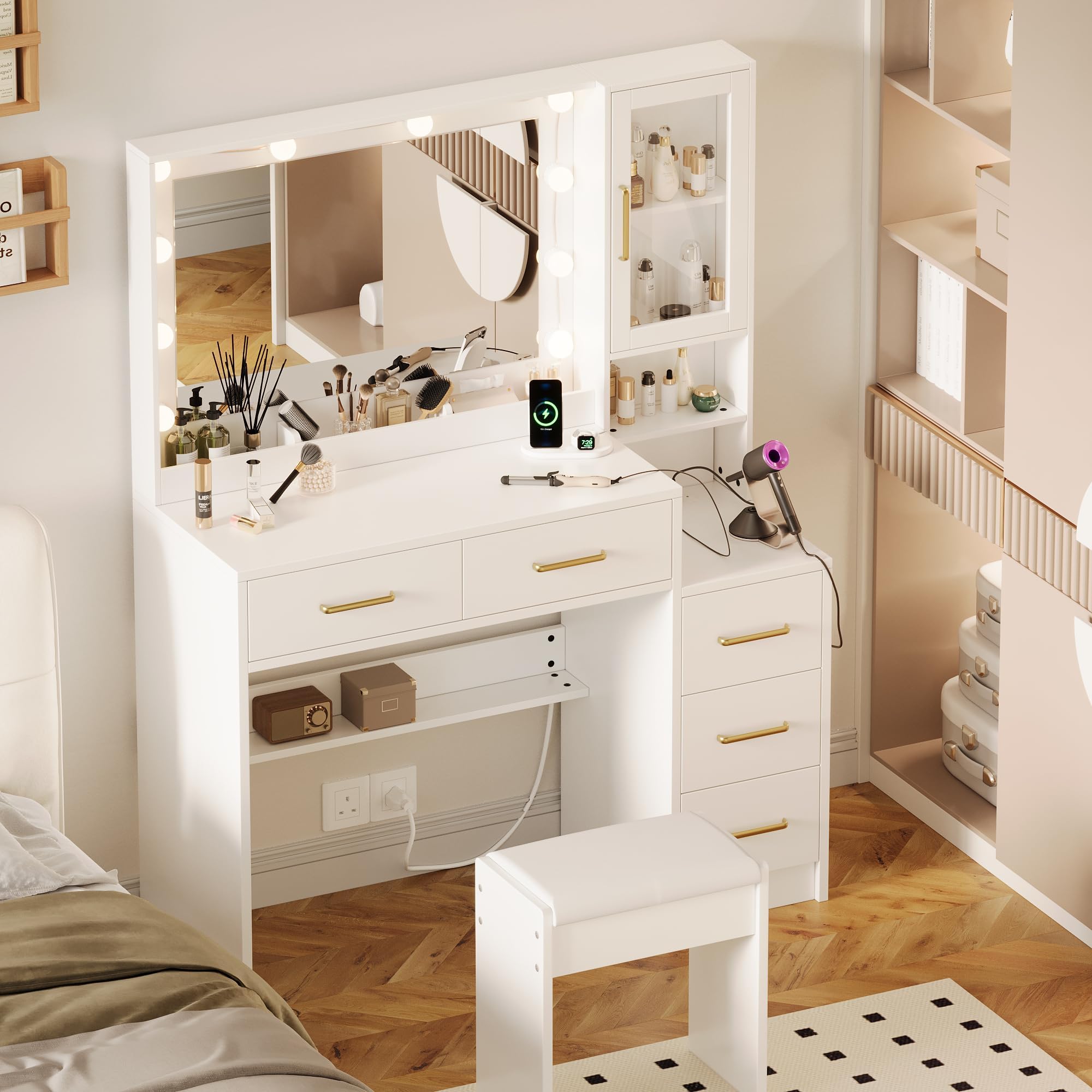 white dresser and vanity Table with Drawer Dresser, Farmhouse Vanity Makeup Desk with Charging Station, Vanity Desk with Lights Mirror & Drawers for Makeup,Vanity Desk with Storage Shelf & 5 Drawers (Gold Handle) Which dress is the B20021 Length:9