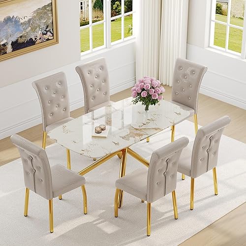 Miniatura 27 de Juego de mesa de comedor moderno de 63 pulgadas para 6 personas, juego de 6 mesas de comedor de cristal con patas de metal plateado, mesa de cocina