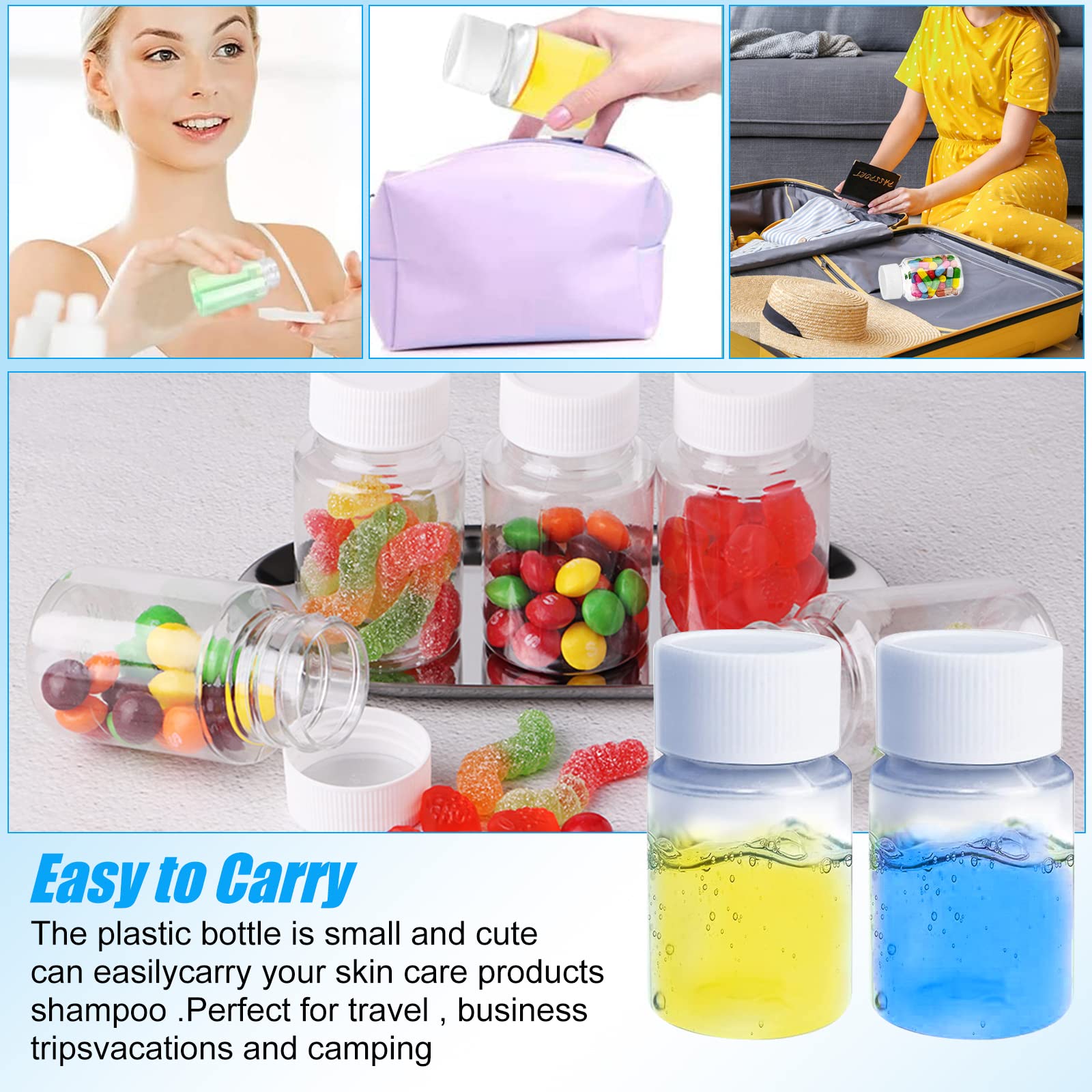 Botella Plastico Transparente 20ml con Tapón de Rosca para Cosméticos, Viajes, Champú, Loción
