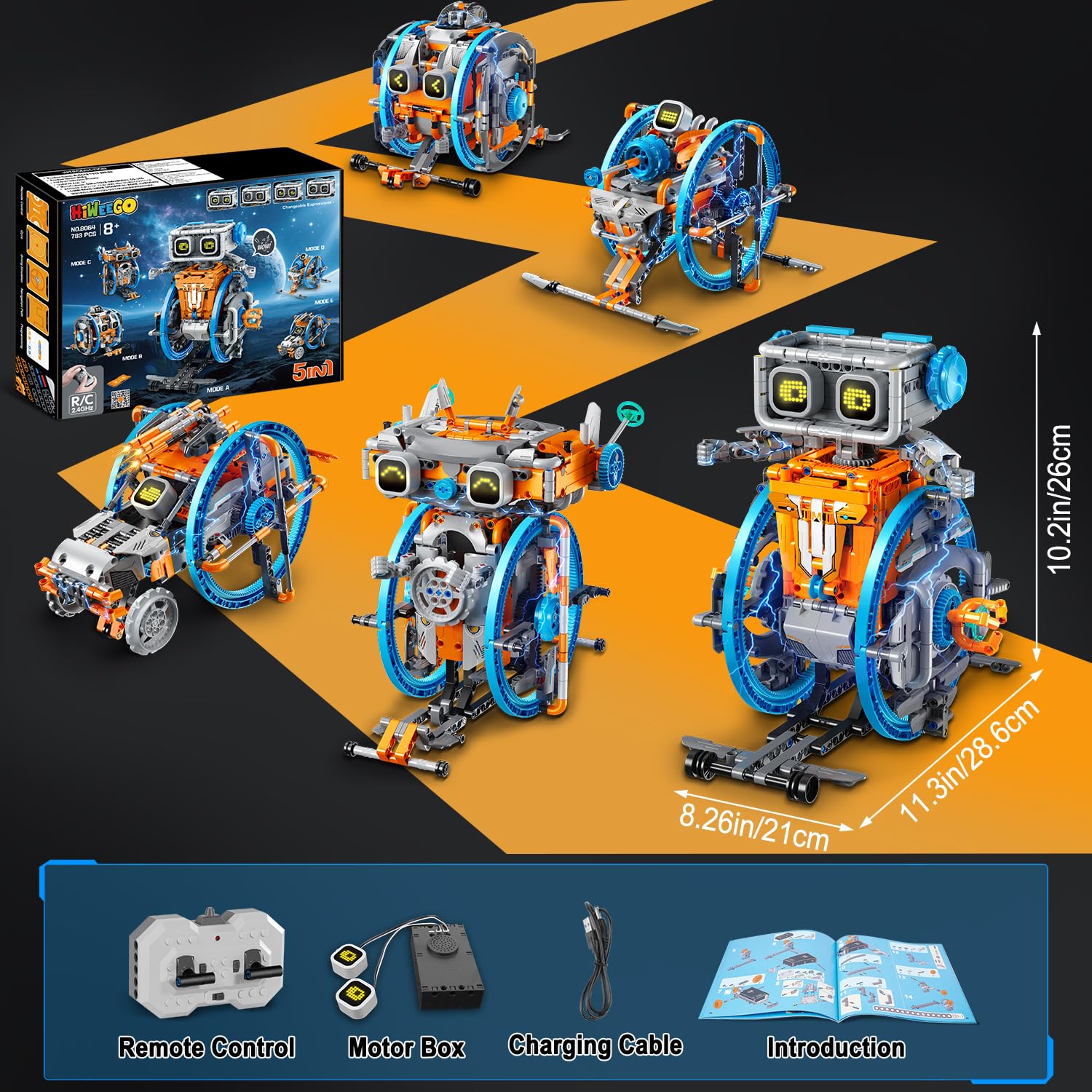 HiWEEGO Technik Roboter für Kinder Bauspielzeug mit LED-Augen, 5-in-1 Fernbedienung und App Wiederaufladbare RC Robot mit einzigartigem Raddesign Geschenk für Jungen Mädchen Teens ab 12+ (783 Stück)