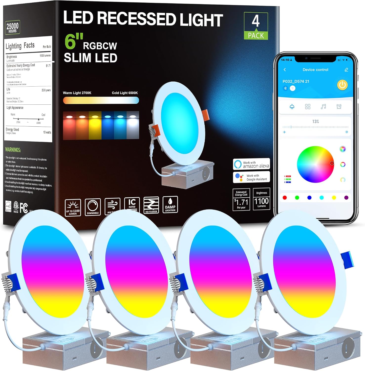 CHARKEE 6 Inch Smart Recessed Lights, RGBCW Color Changing Dimmable Downlights with Junction Box, Compatible with Alexa & Google Home, 13W 1100LM, 4pack