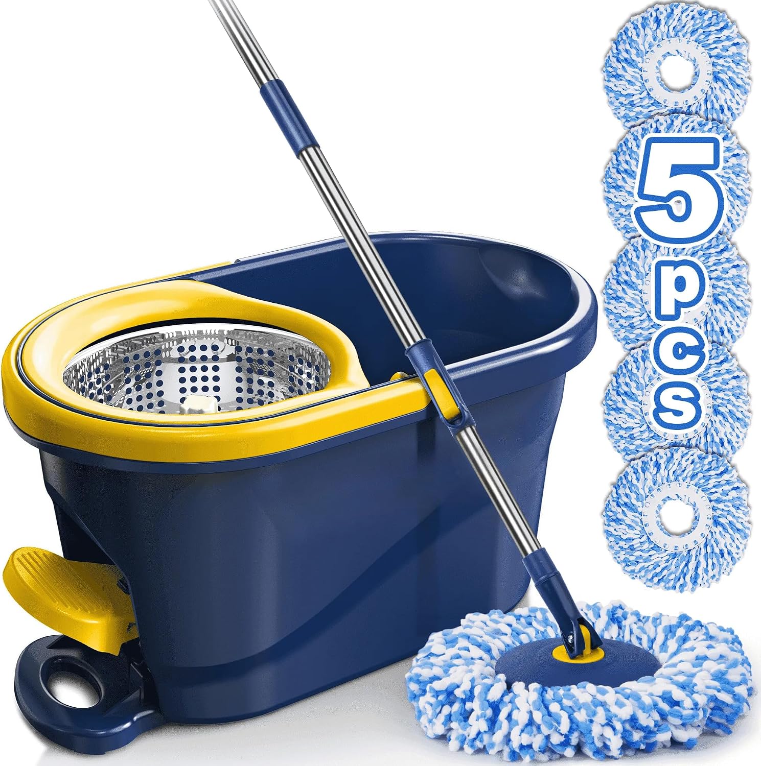 Spin Mop and Bucket with Wringer Set, 360° Rotating Microfiber Mop, Adjustable Handle, Hands-Free Wringing, Reusable Mop Heads (Light Blue mop and Bucket + 5 mop Head)