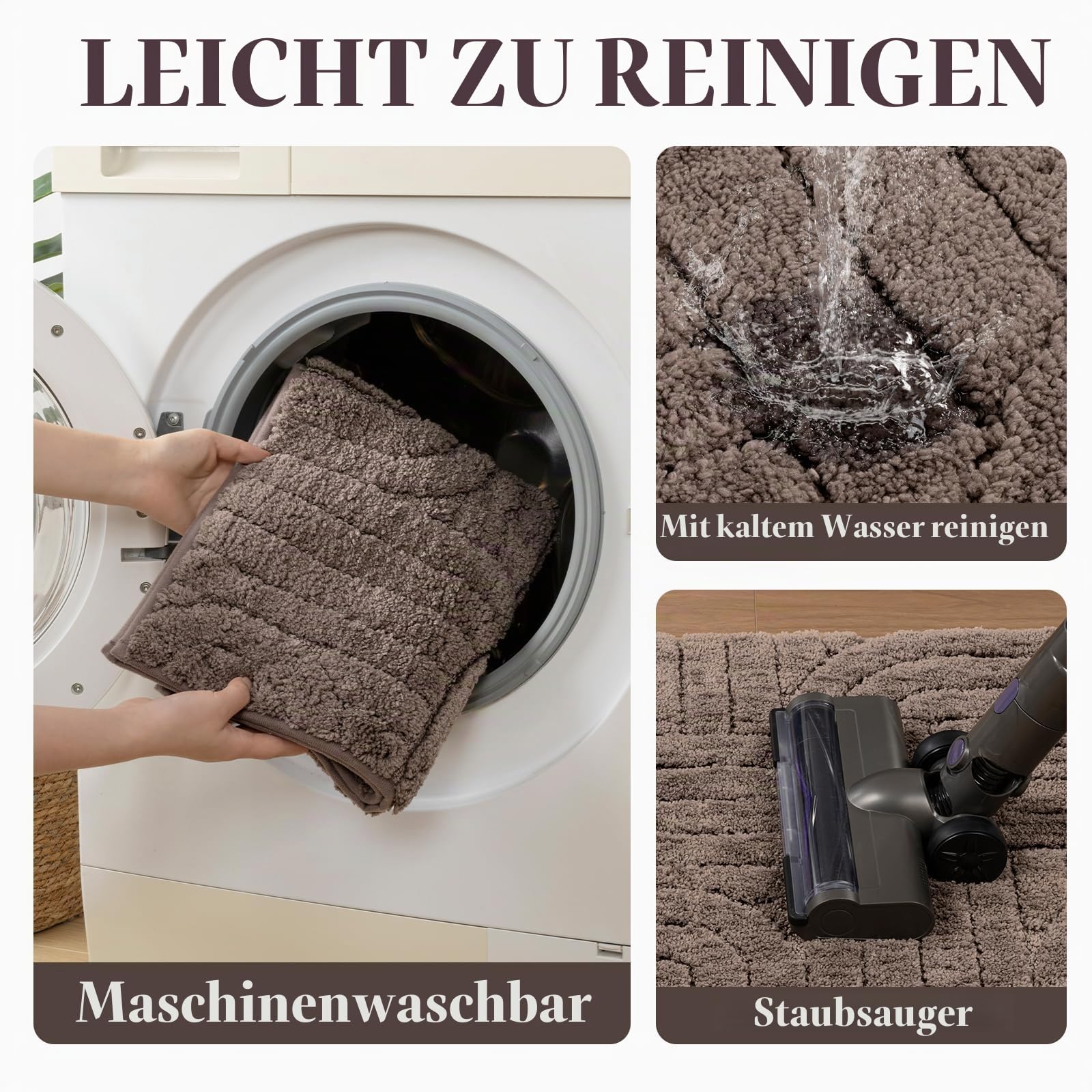 Badematte Set 3 Teilig rutschfest Waschbar Badteppich, Braun