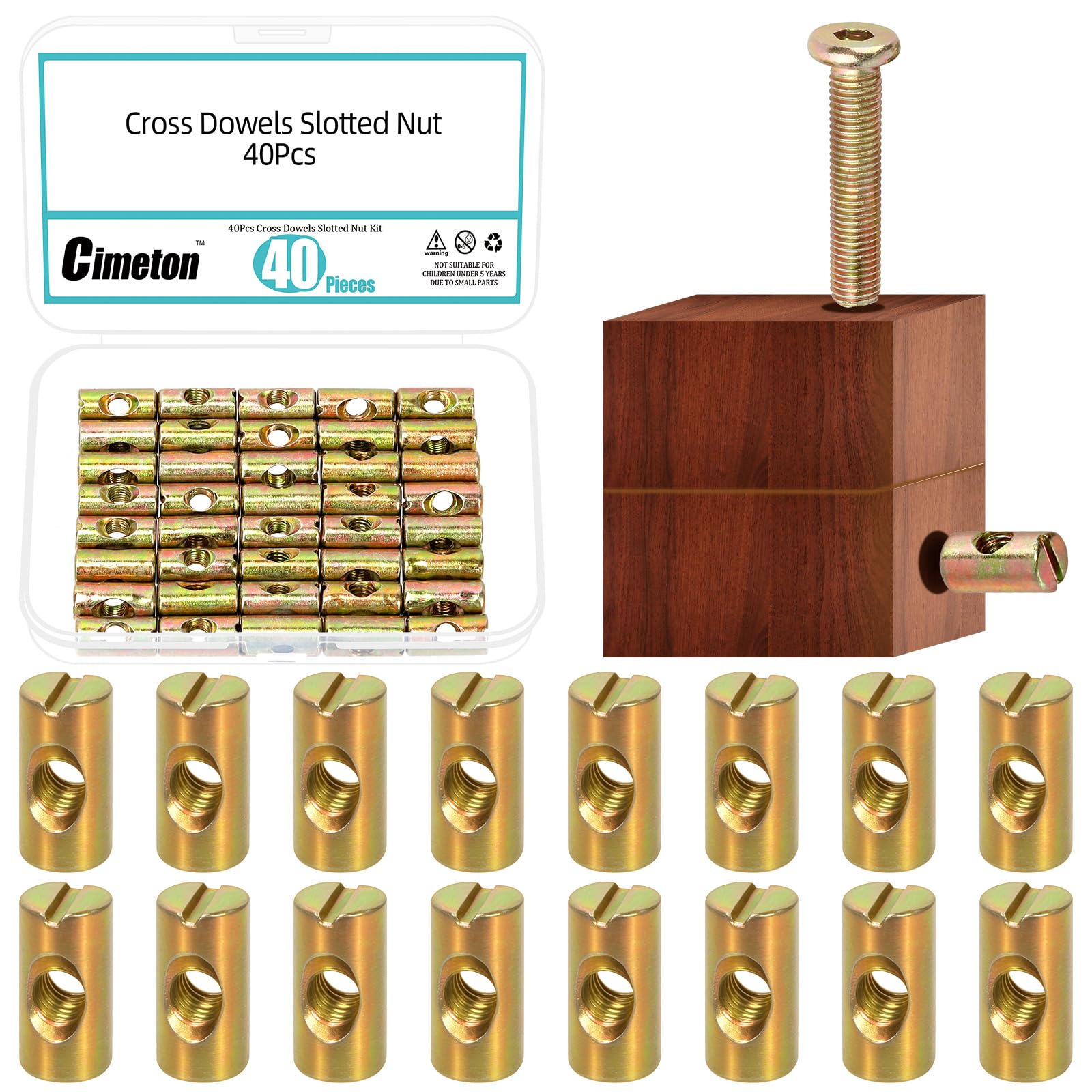 Cimeton 50PCS Colored Zinc Metric M6 x 20MM Barrel Nuts Cross Dowels Slotted Nut Kit Barrel Bolts Furniture Nuts for Wood Furniture