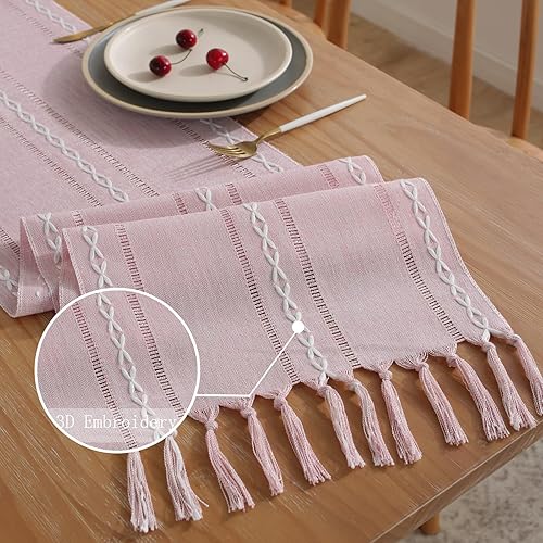 Miniatura 4 de Rakila Camino de mesa de lino, estilo rústico bohemio, bordado con borla para cocina, comedor, decoración de mesa de fiesta en interiores y