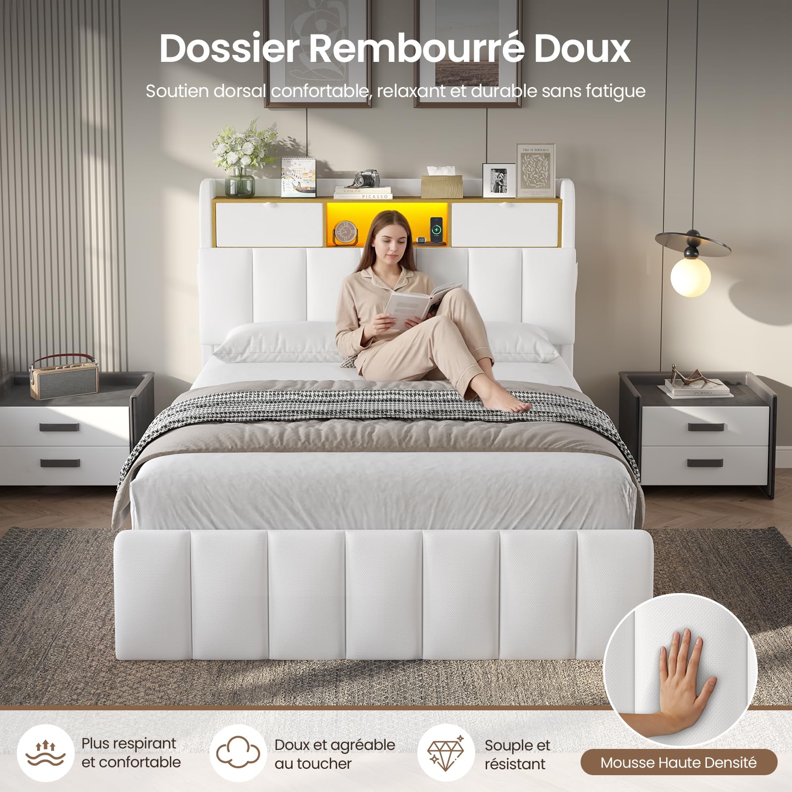 DICTAC Lit Coffre 140x190 Blanc avec Rangement – Lit Double à Levage Hydraulique, Éclairage LED, Prises USB/Type-C, Tête de lit Rembourrée avec Rangements – Sommier Inclus – pour Ado et Adulte, Blanc