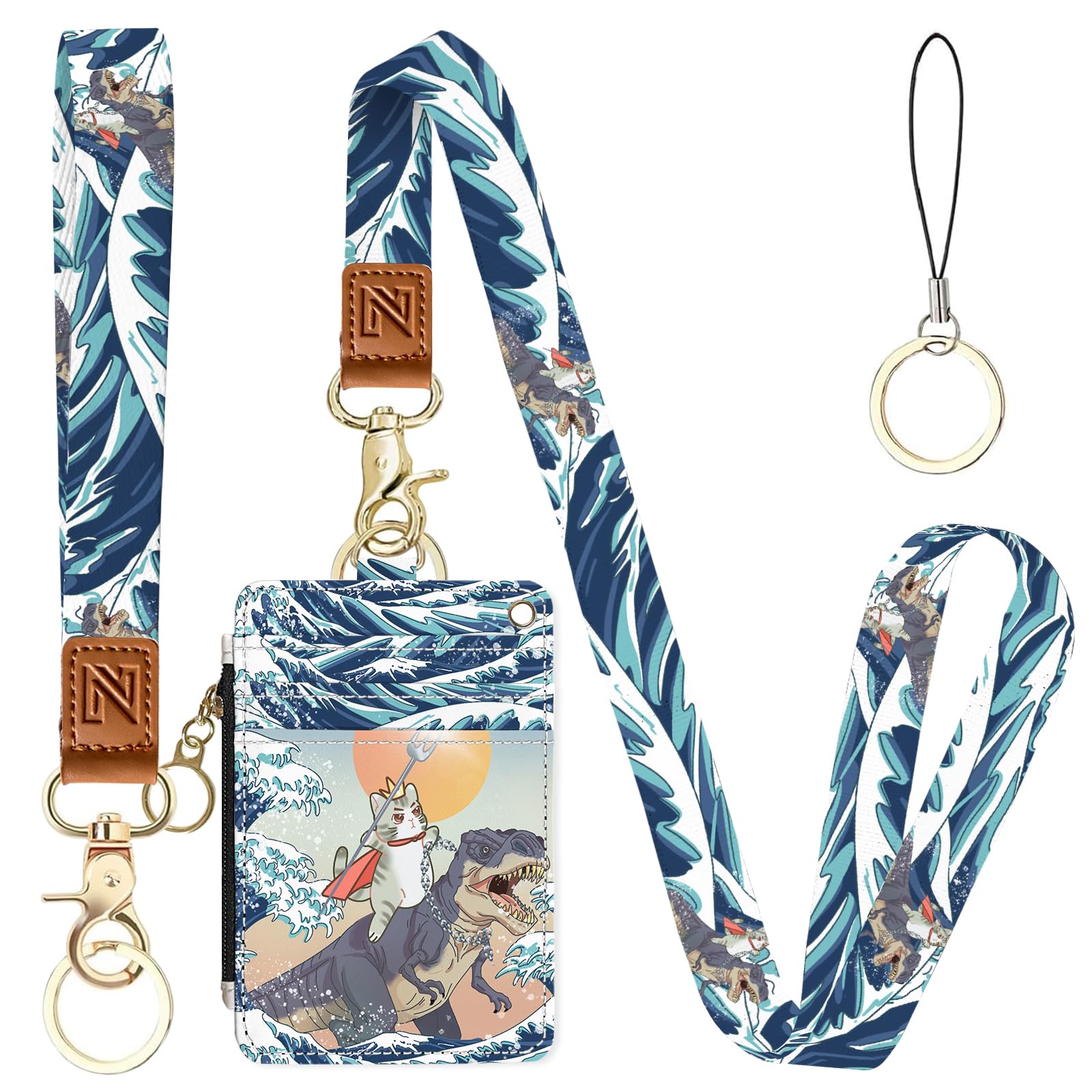 Funny Surfing Cat Riding Dinosaur 2-in-1 ID Badge Holder & Lanyard Wallet for Teachers,Nurse,Professionals-Cute Zippered Coin Pouch,Removable Wristlet