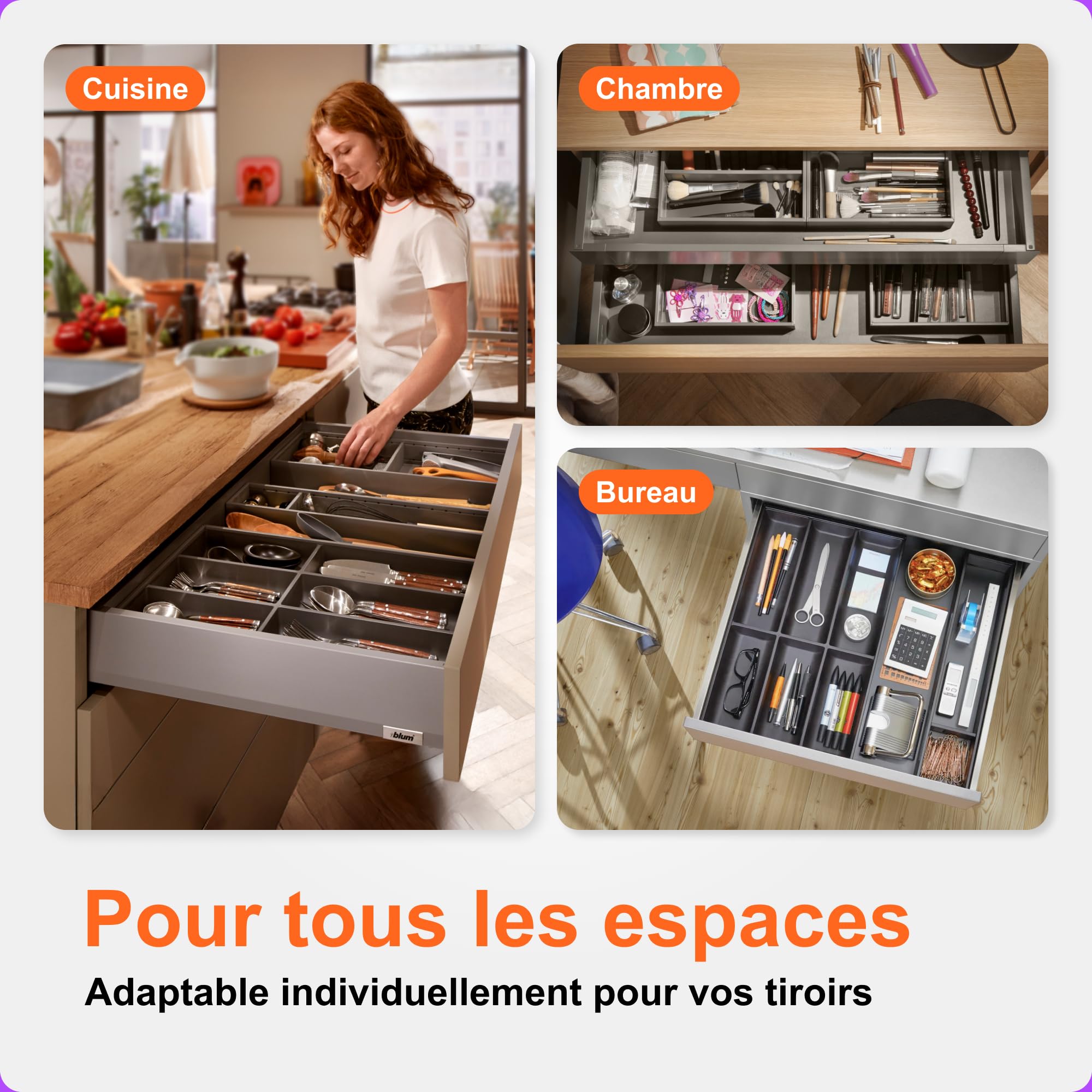 Blum AMBIA-LINE range-couverts Soft-Touch | organiseur de tiroir premium pour tiroir et meuble de cuisine modernes | protège, trie et range couverts et ustensiles | 42×30×5 cm | Gris/Blanc