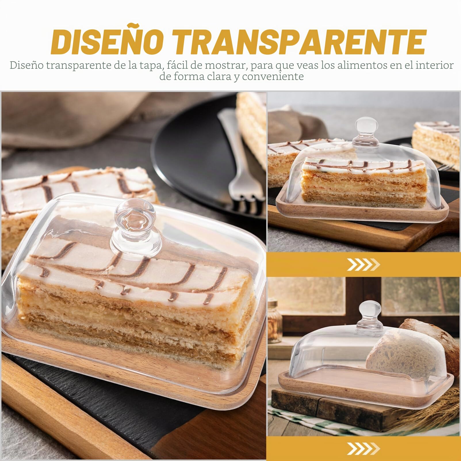 Base para tarta con cúpula, bandeja de exhibición de tarta de madera, bandeja de madera rectangular con tapa de vidrio para tartas pequeñas y postres