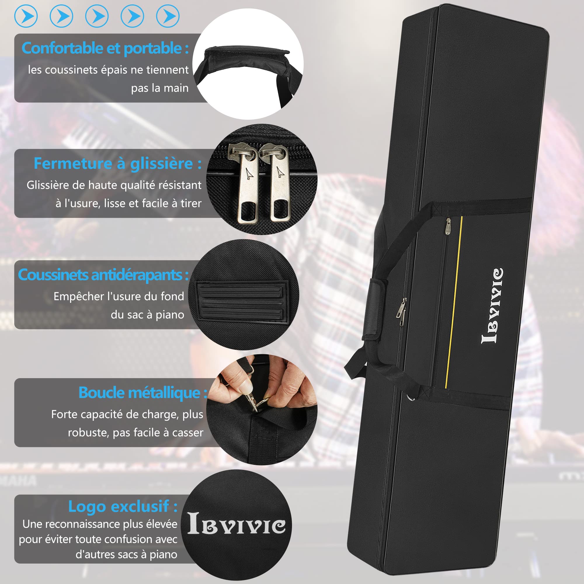 IBVIVIC Housse pour Clavier 88 Touches, 10MM Sacoche de Clavier Piano Electrique, Housse de Protection pour Clavier 88 Touches avec Poignée/Bandoulière de Oxford 600D (Noir)