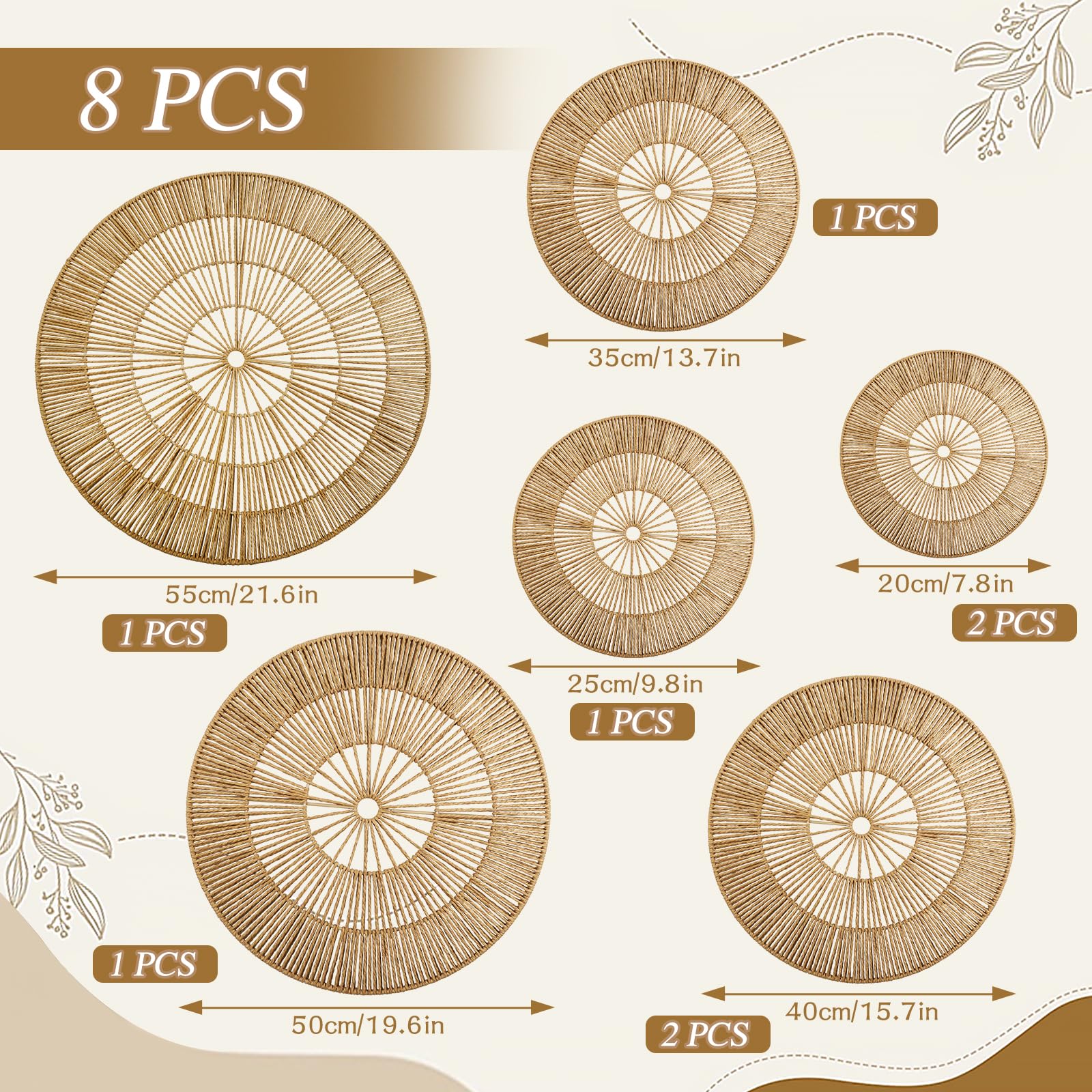 YiYa 8 Stück Boho Wanddekoration Set Geflochtene Rattan Wandkörbe Runde Handgefertigte Aufhängbare Rattan Wandkorb-Dekoration für Wohnzimmer Bauernhaus Schlafzimmer