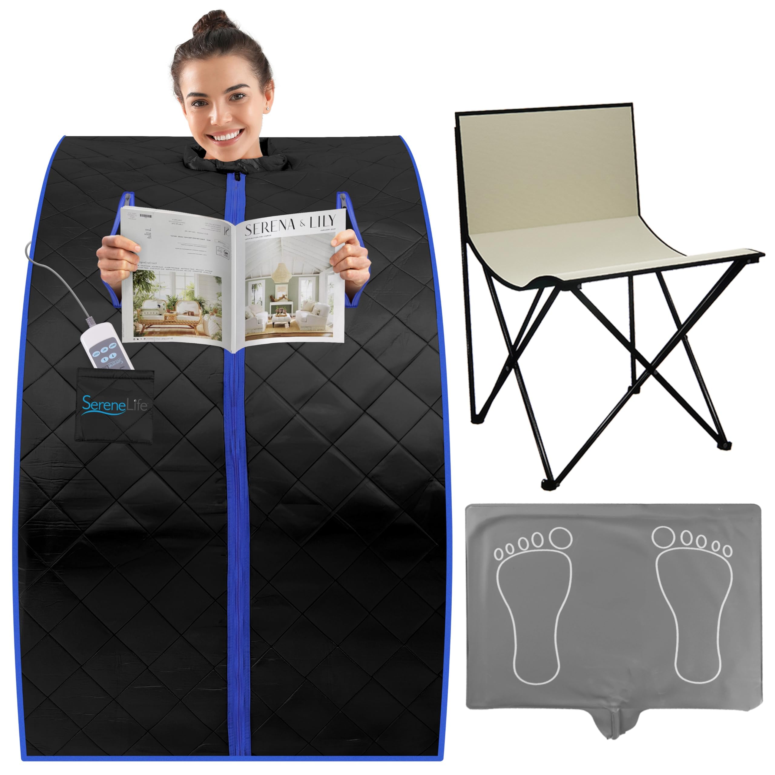 SereneLife Dampfsauna Zelt Schwarz 84×80×103 cm – Tragbare Heimsauna mit Stuhl und Heizmatte Faltbare Mini Sauna - Mobile Dampfbad Kabine bis 60 °C, Carbon-Heizelement und Fernbedienung
