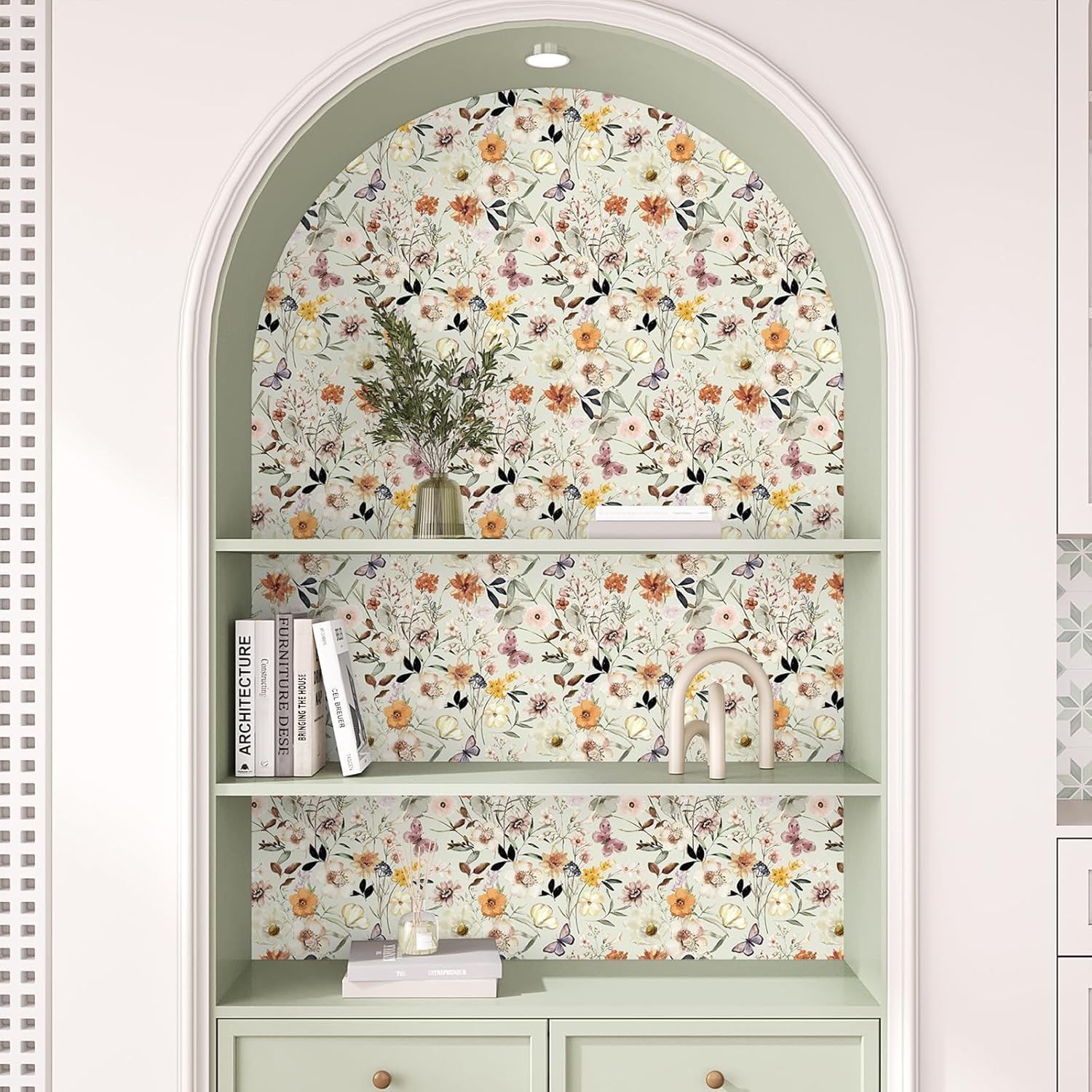 VEELIKE Watercolor Meadows Floral Wallpaper Boho Green Floral Peel and Stick Wallpaper for Bathroom Bedroom 17.7''x354'' Vintage Butterflies Flower Wallpaper Removable Contact Paper for Walls Cabinets