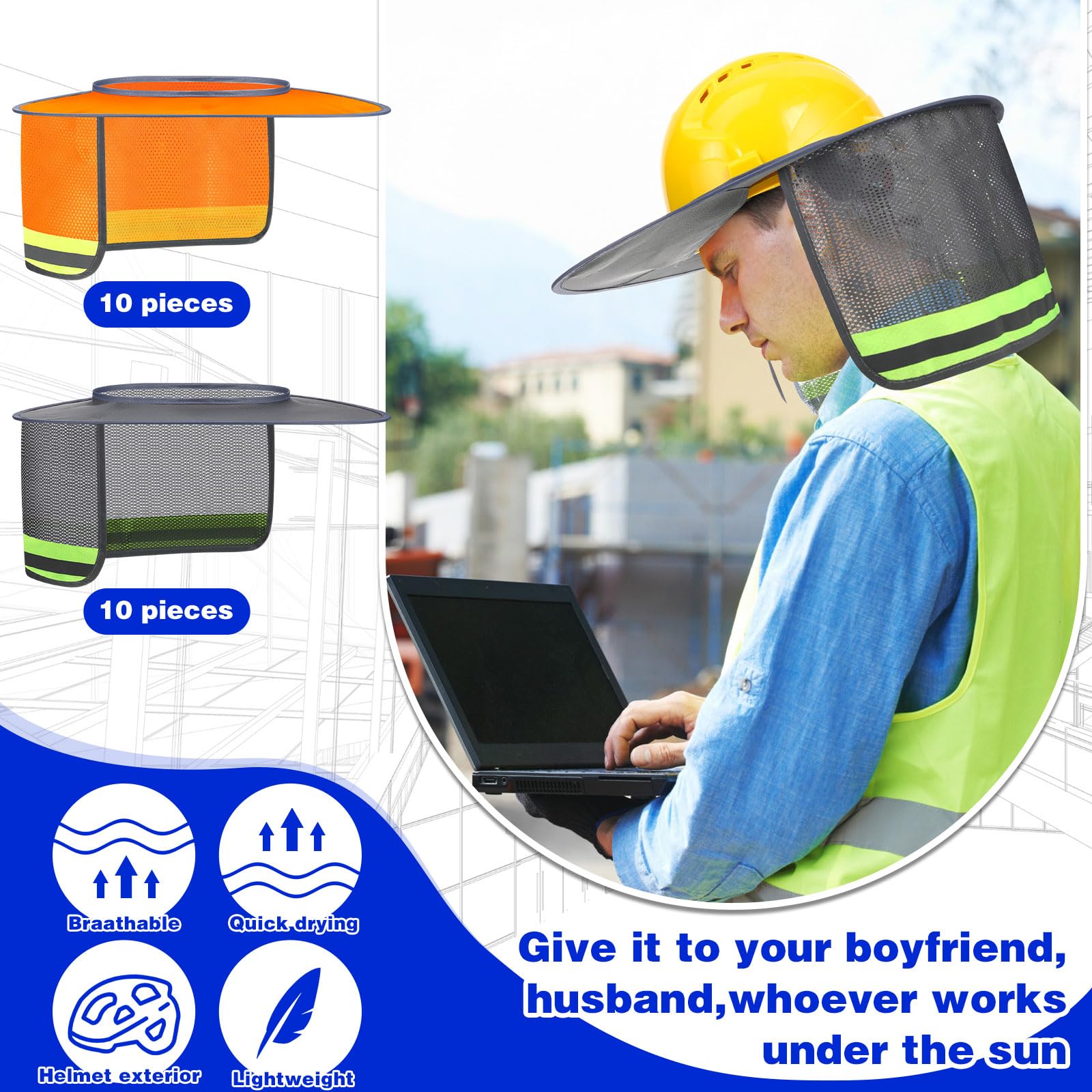 Vicenpal 20 parasoles para casco duro, visera de ala completa, visera para el cuello con tira reflectante, accesorios de casco duro, visera de casco duro de alta visibilidad para hombres y mujeres