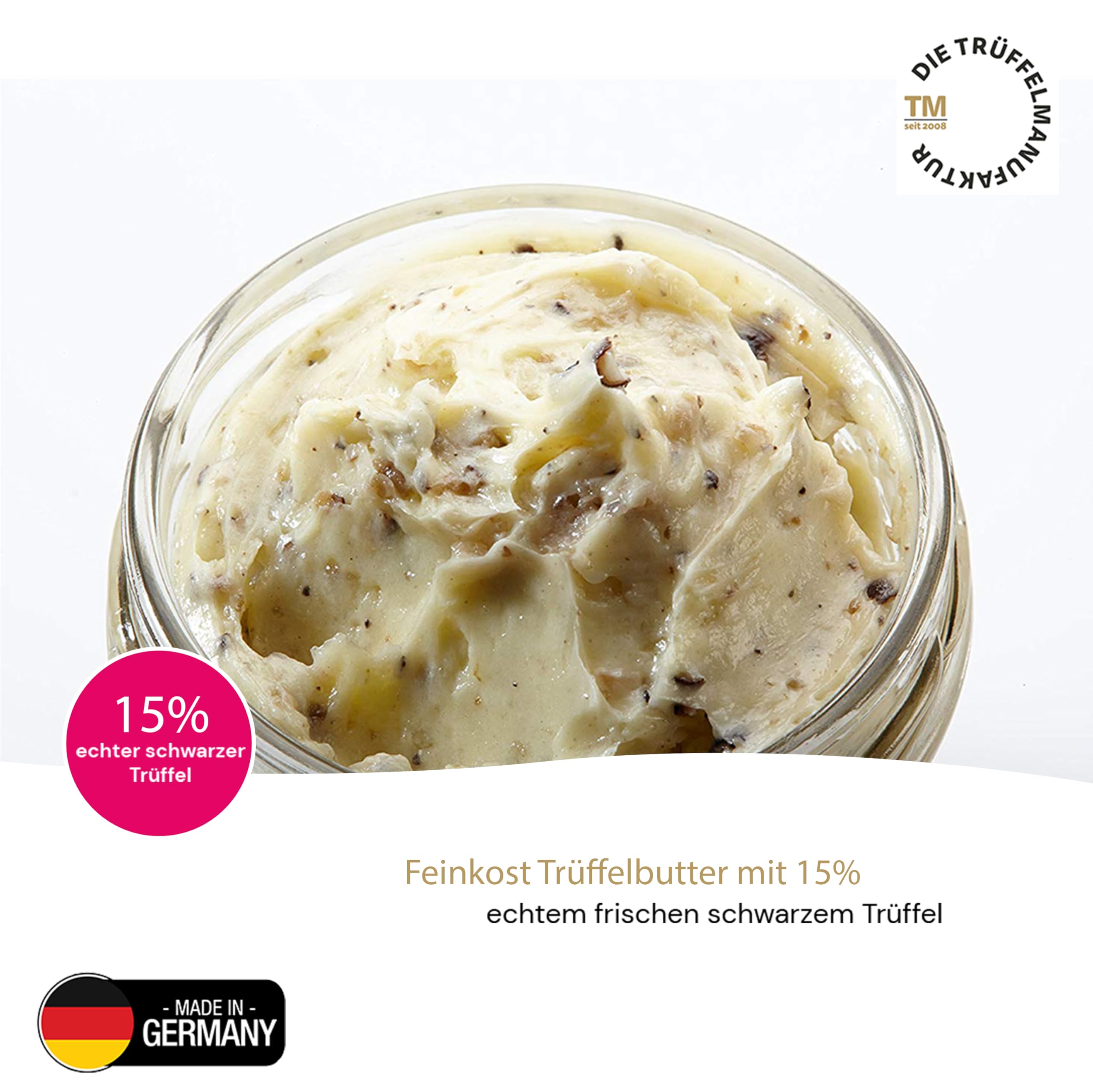 Die Trüffelmanufaktur - Feinkost Trüffelbutter mit 15% echtem frischen schwarzem Trüffel, die Delikatesse für Feinschmecker, weiße Trueffel-Butter im Glas á 95 g