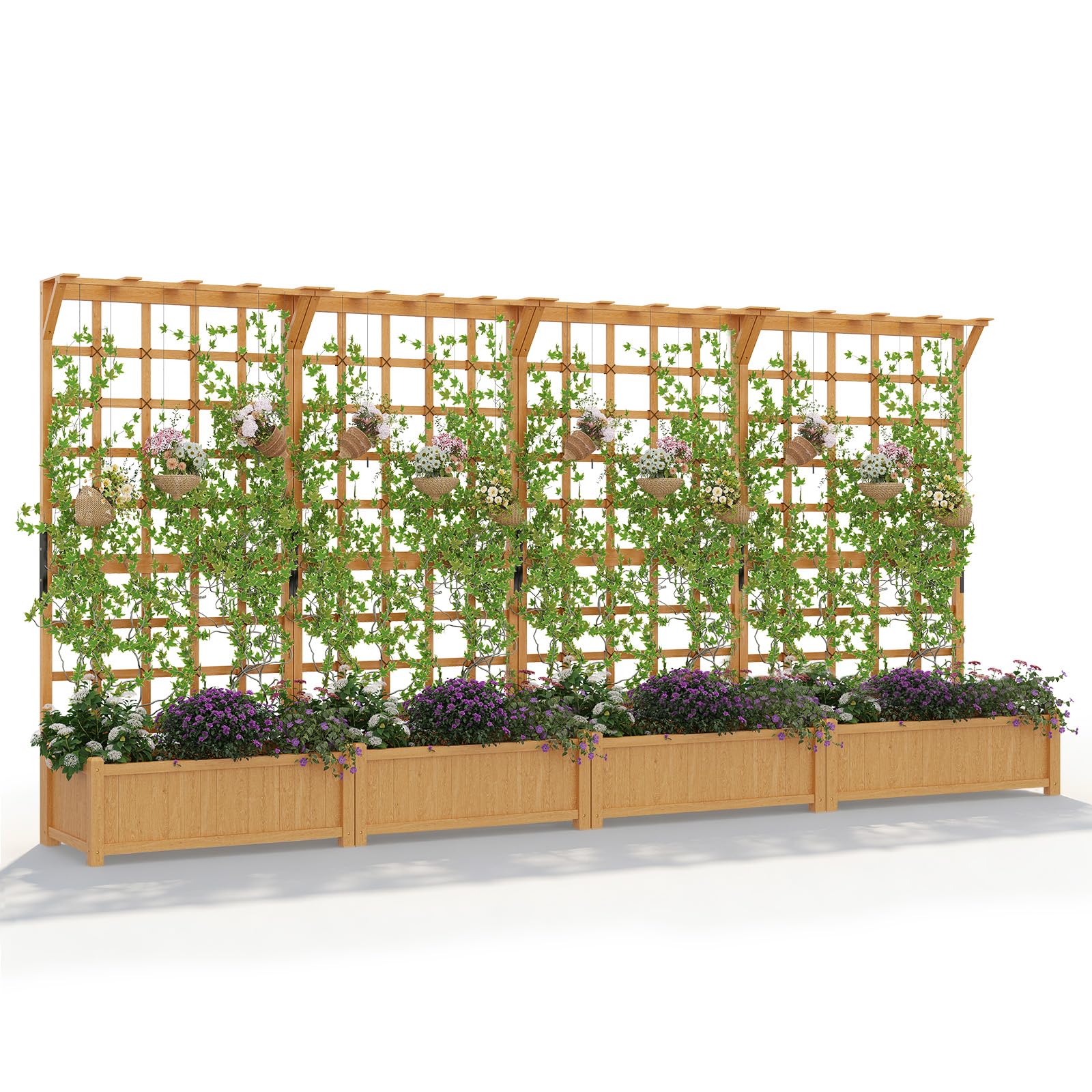 Aoxun 144" Raised Garden Bed with Trellis, Wood Planter Container with Hanging Roof &amp; Garden Boxes for Climbing Plants Flowers Vine (4 piece)