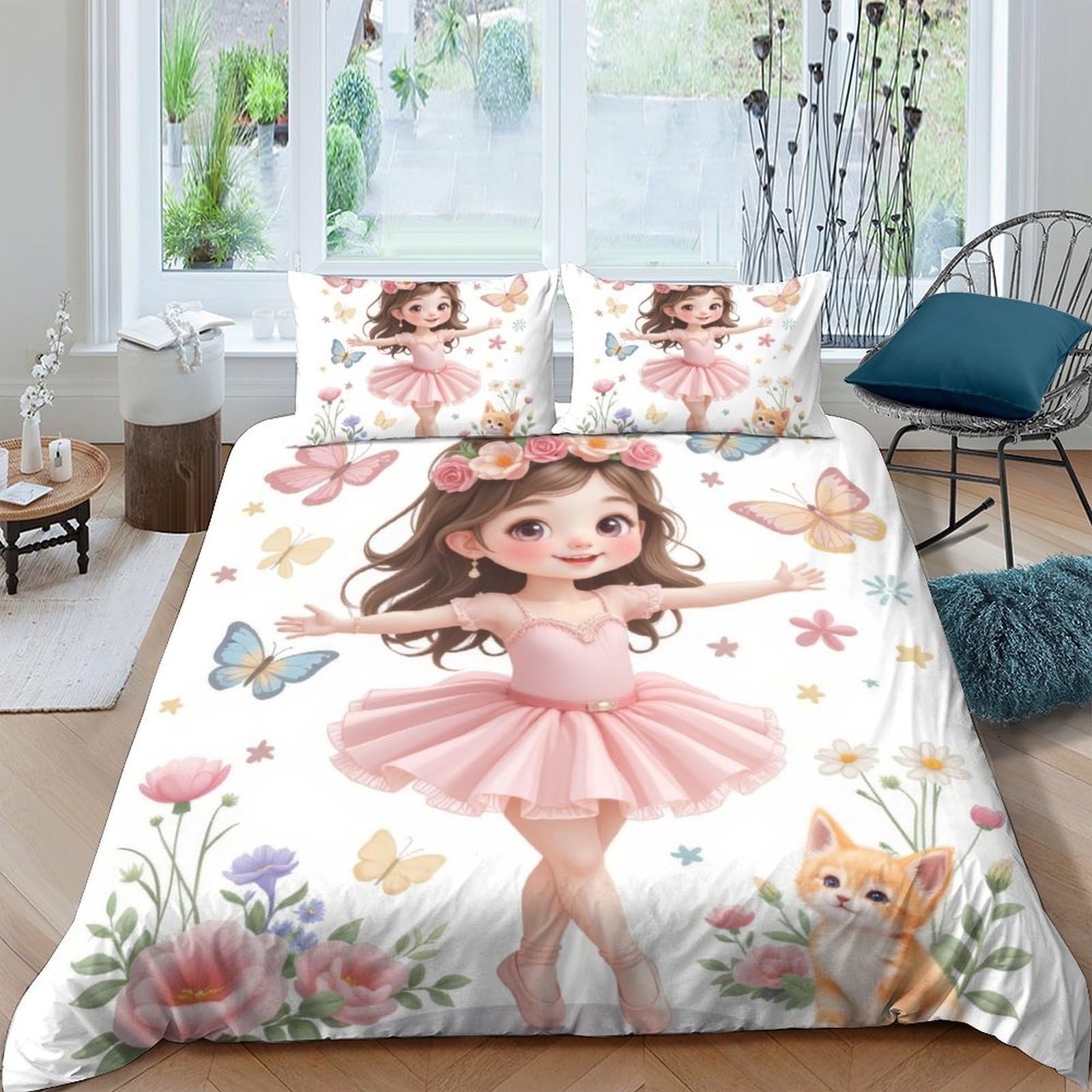GPLZQXKJNH 3D Printed Ballerina Girl Duvet Cover Set Microfiber Soft Pink Cartoon Cat Butterfly Bedding with 2 Pillowcases, Breathable for Bedroom Home Single（135x200cm）