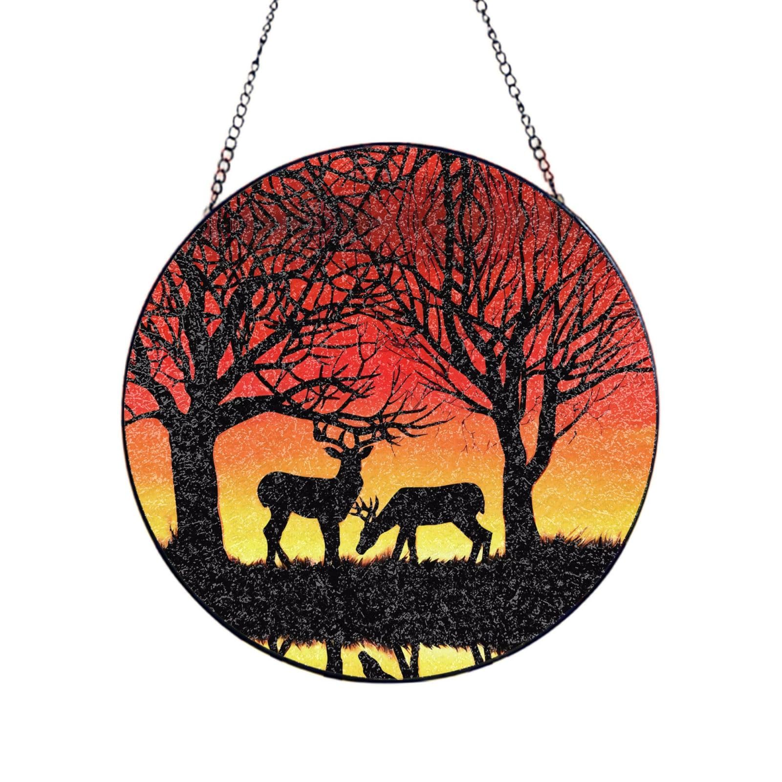 Phayah Winter Nature Deer Print Stained Glass Window Hanging Suncatcher For Door Terrace Garden Home Decor Sun Catcher Birthday Gifts For Lovers Dad Mom 12in（30cm）