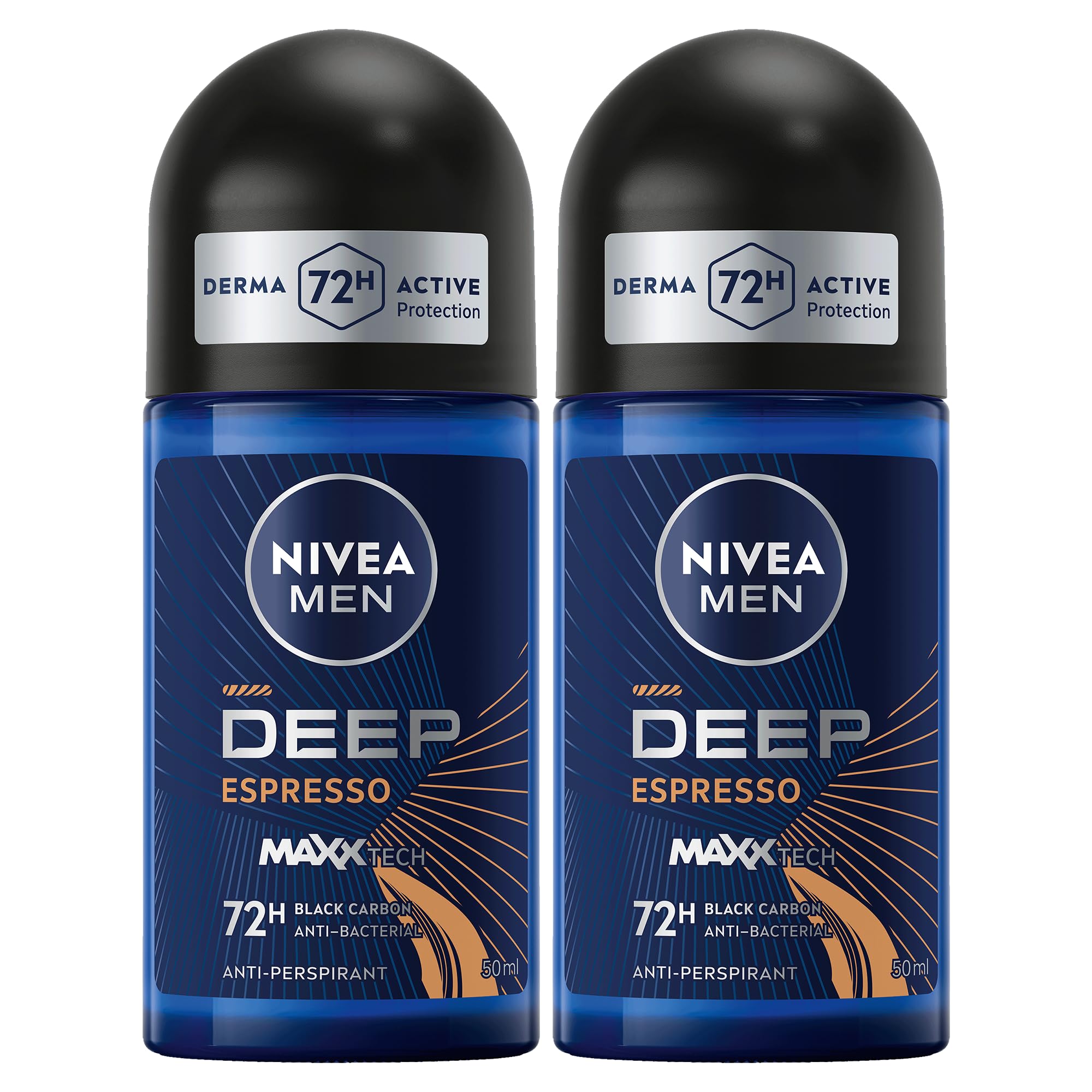 NIVEA MEN Antiperspirant Roll-on for Men, DEEP Black Carbon Antibacterial, Espresso Scent, 2x50ml