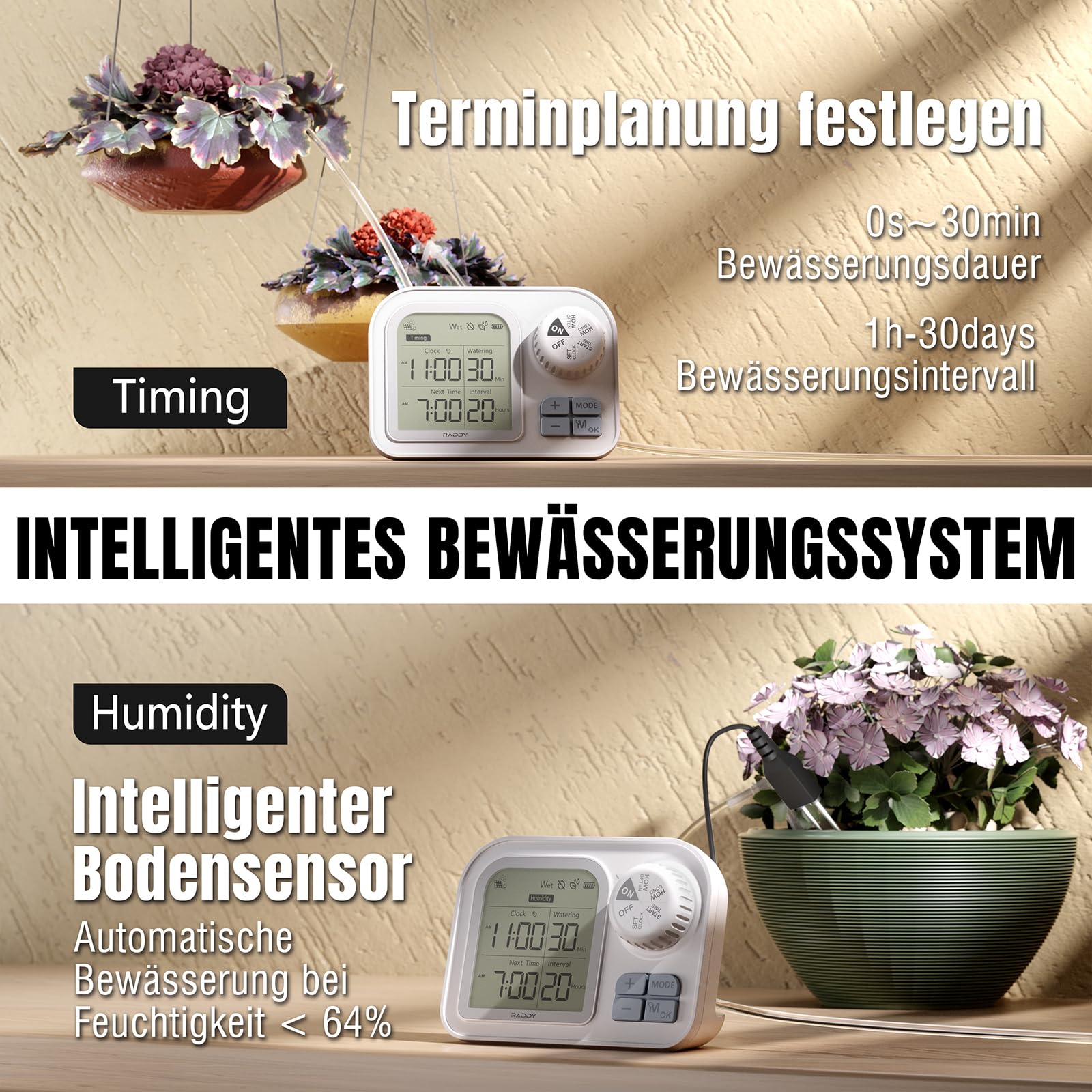 Raddy WS-7 Solar-Automatische Bewässerungssystem, IPX7-Wasserdichtigkeit, Bewässerung für 15 Topfpflanzen, mit Bodenfeuchtigkeitserkennung, 2600-mAh-Akku, Großes Display für Innen Außen, Balkon