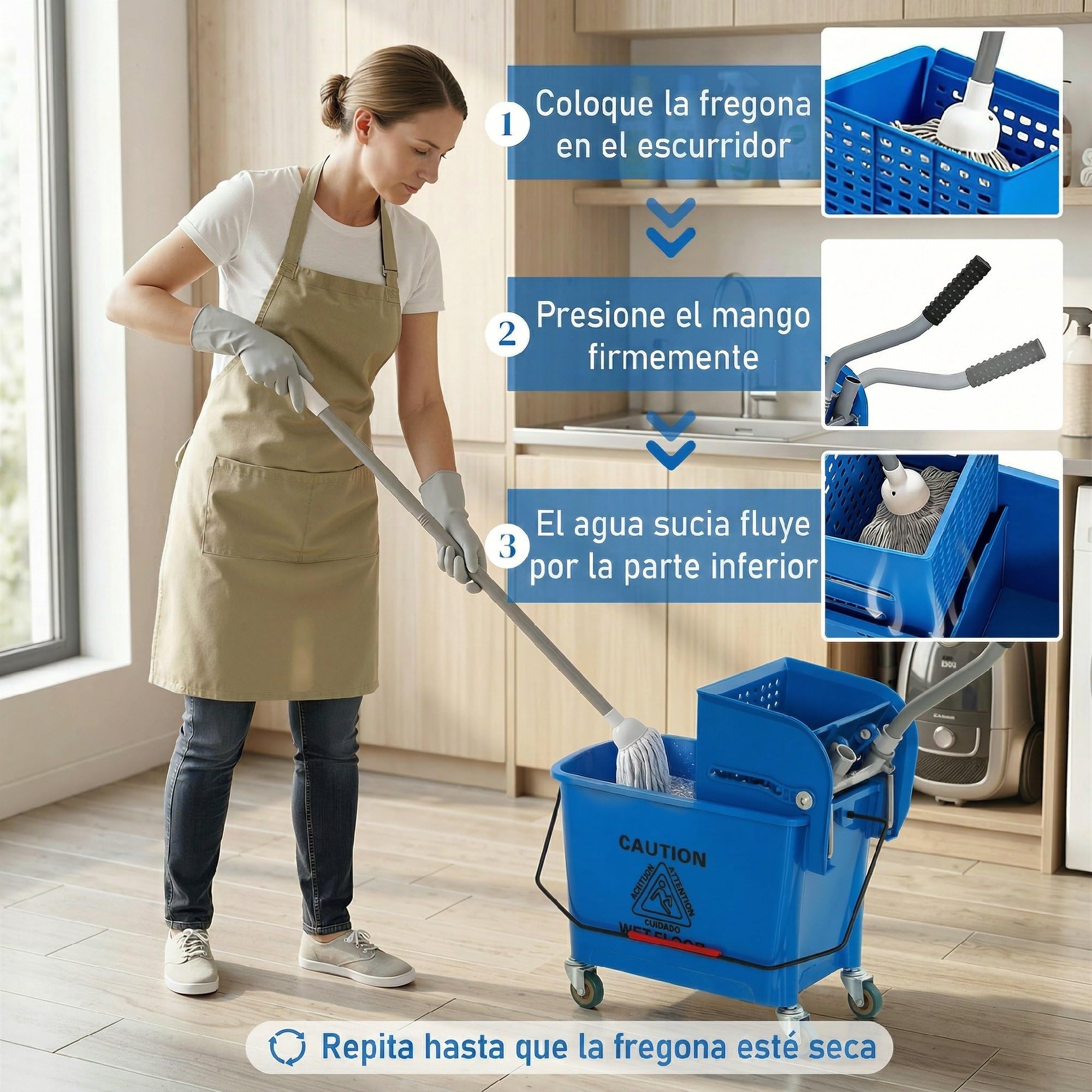 HOMCOM Cubo de Fregona con Ruedas Capacidad de 20 L Cubo de Fregar con Sistema de Escurridor Mopa y Asa de Transporte para Doméstico y Comercial Azul