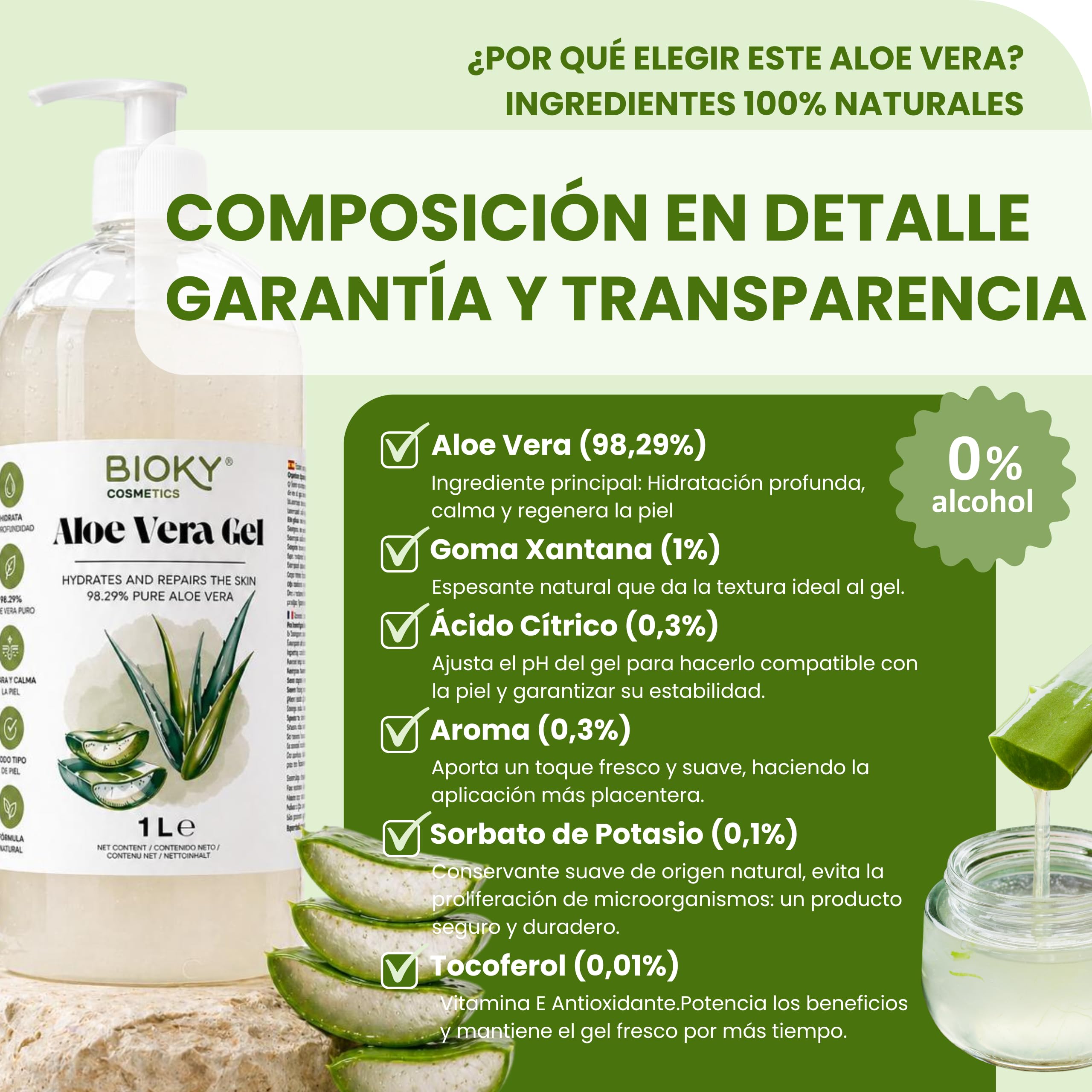 Gel Aloe Vera 100% Natural 1L – Puro, Orgánico, Hidratante y Calmante – Piel Hidratada e Iluminada | Natural y Versátil: AfterSun, Piel, Cabello, Post Depilación, After Shave (1 Litro)