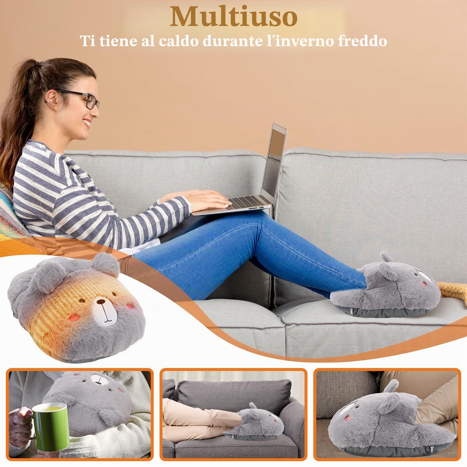 Scaldapiedielettrico, Scaldapiedi USB Ricarica 4 Timer 4 Livelli Temperatura Lavabile Morbido Termoforo Piedi per Casa (Grigio)