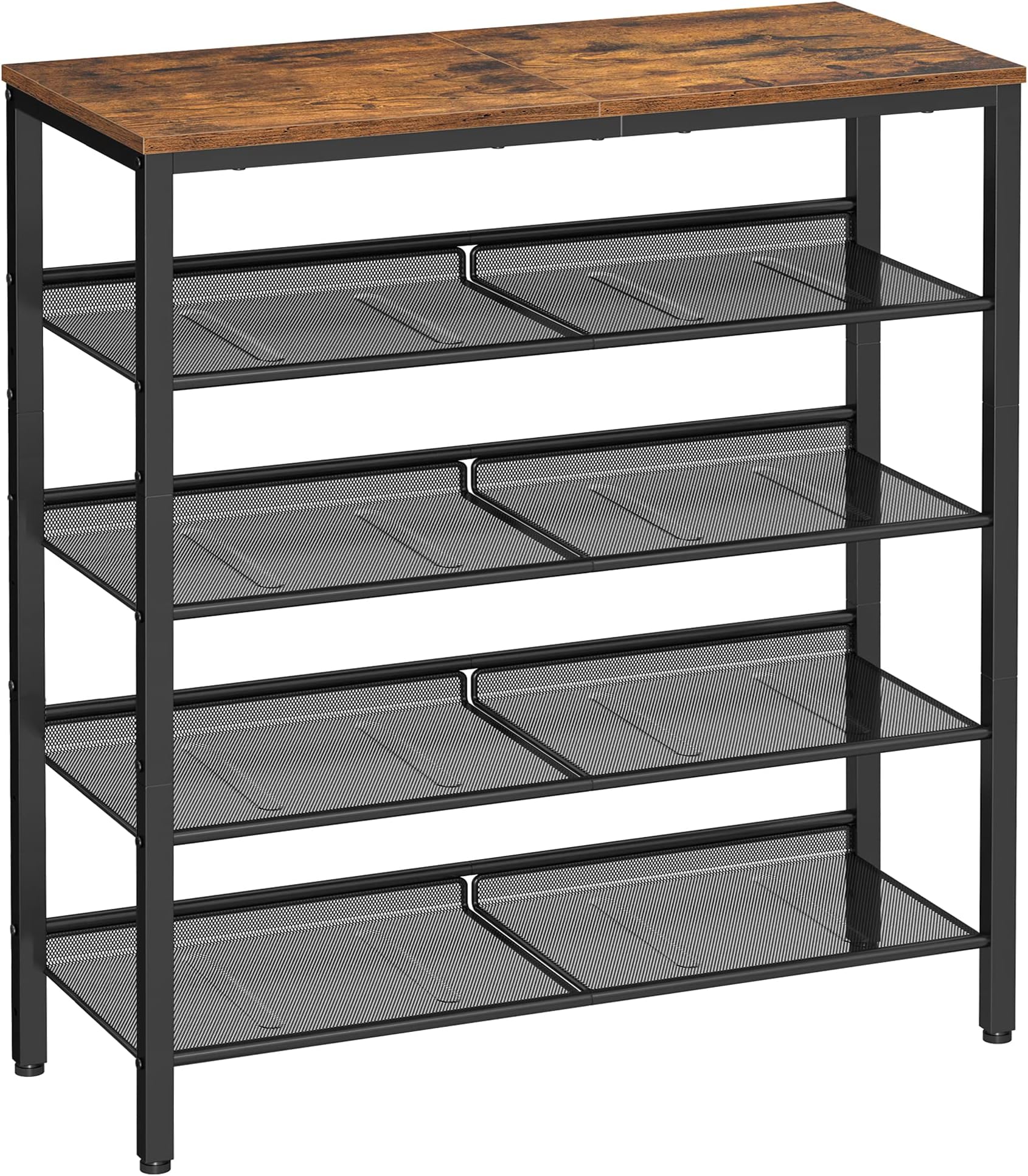 VASAGLE 5-Layer Shoe Rack, High Shoe Storage with 4 Mesh Shelves and Large Top for Bags, Space Saving for Entrance, Hallway, Steel, Industry, Rustic Brown and Black LBS038B01