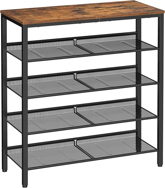 VASAGLE 5-Tier Shoe Rack, Tall Shoe Storage with 4 Mesh Shelves and Large Top for Bags, Space-Saving for Entryway, Hallway, Steel, Industrial, Rustic Brown and Black LBS038B01