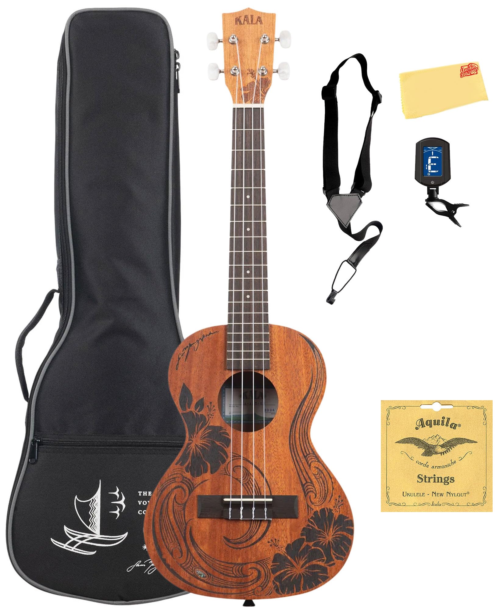 Kala Unity - Ukelele tenor de caoba, paquete con bolsa de concierto, afinador, correa, cuerdas y paño de pulido Austin Bazaar