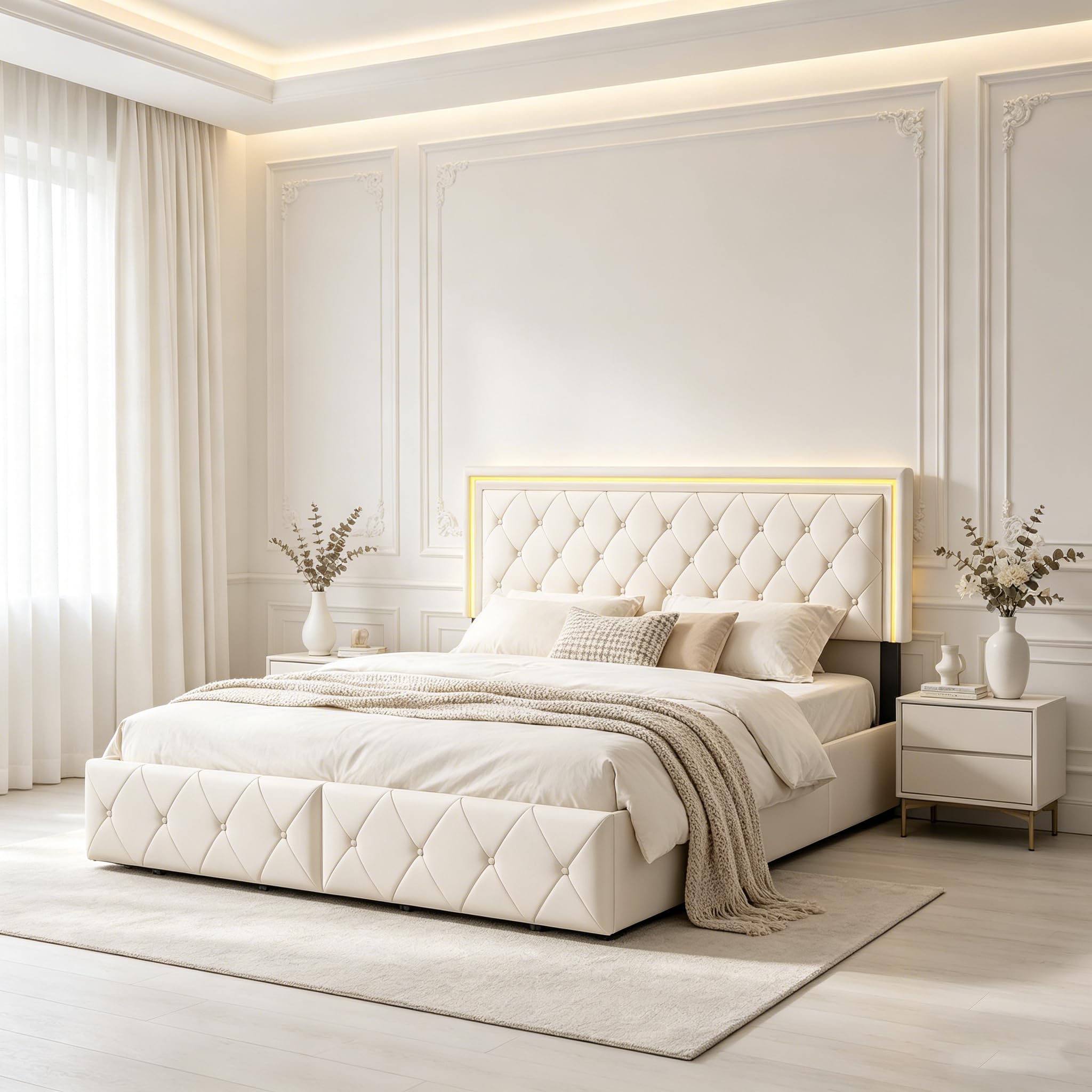 Cama doble tapizada, 160 x 200 cm - Diseño innovador, Cama de almacenamiento con 4 cajones de almacenamiento, cama para adultos con somier de listones, sin colchón, PU(blanquecino, 160 x 200 cm)