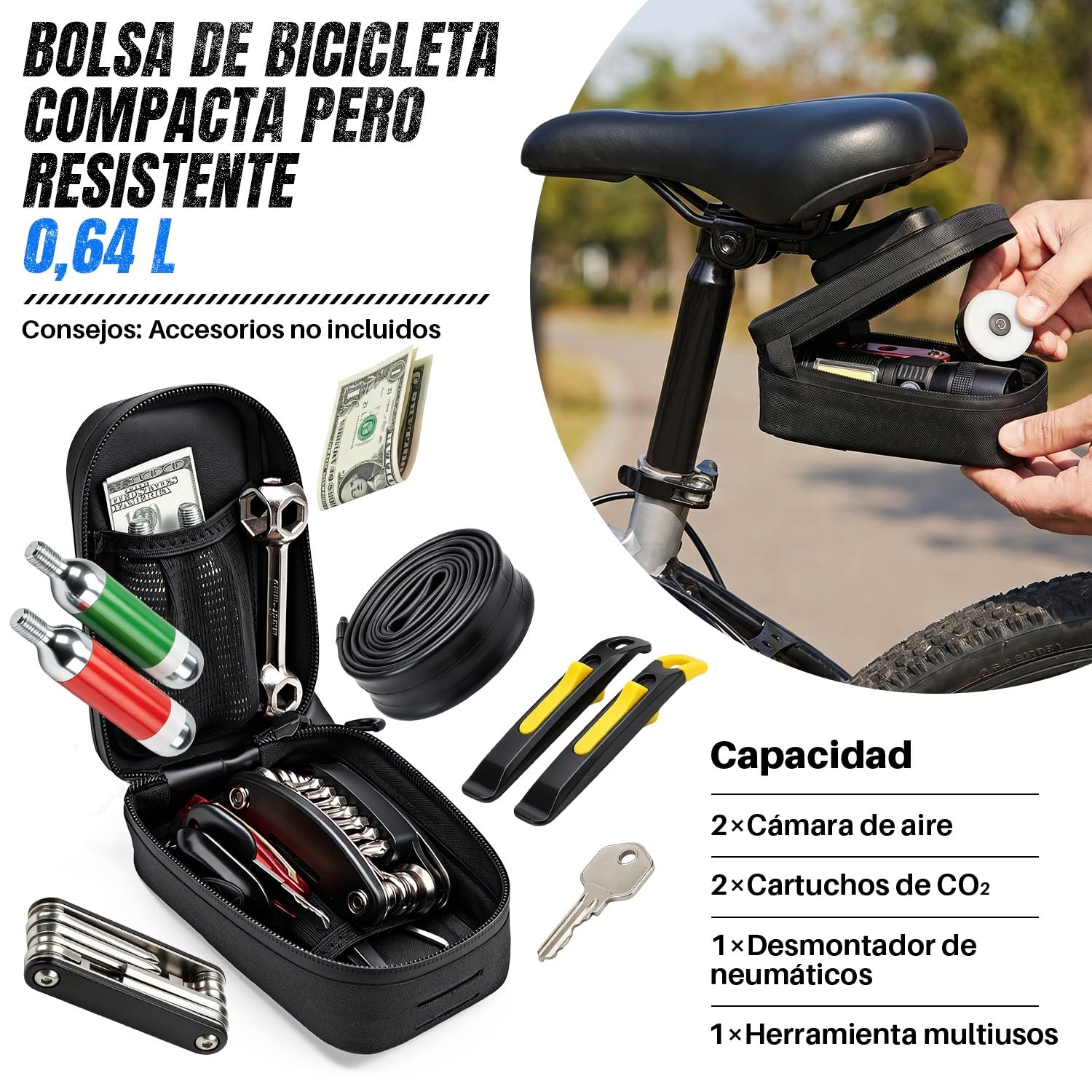 WOTOW Bolsa de Sillín para Bicicleta - Bolsa Bajo Asiento Impermeable de 0,64 L con Cremallera, Hebilla Magnética de Liberación Rápida y Soportes de Montaje para Bicicletas de Carretera y Montaña