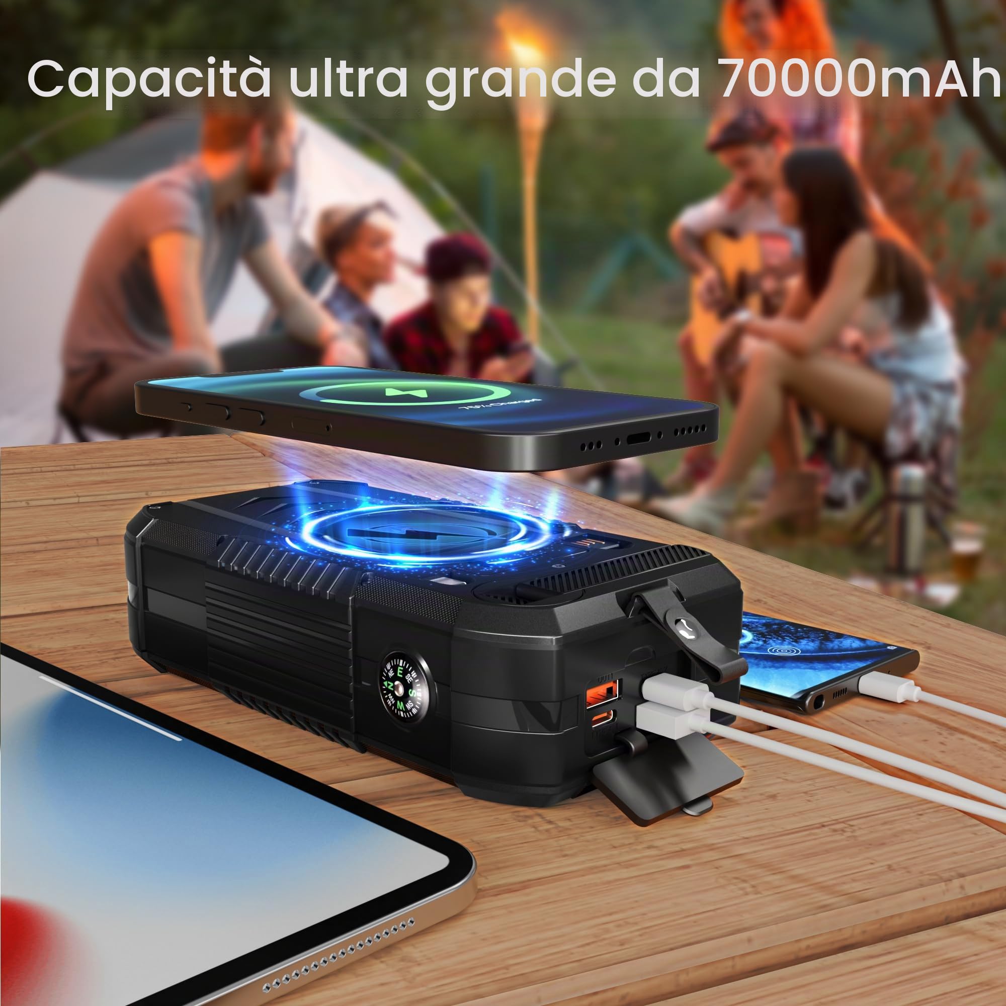 70000mAh Power Bank Solare: PD 30W USB C Power Bank Ricarica Rapida con 2 Câbles, 4 Port, 15W Ricarica Wireless, Spie luminose a LED, Torcia, Caricatore Portatile con Smartphones