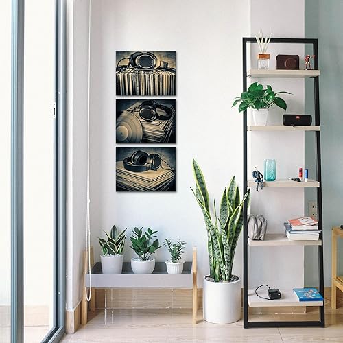 Miniatura 5 de Canvbay 3 piezas de lienzo de música para auriculares, arte de pared, diseño vintage de discos de vinilo, para el hogar, estudio, oficina, estirado