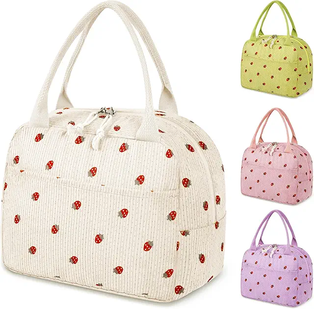 Sac Isotherme Repas Femme en Velours Côtelé - Lunch Bag Pliable et Léger (Beige)