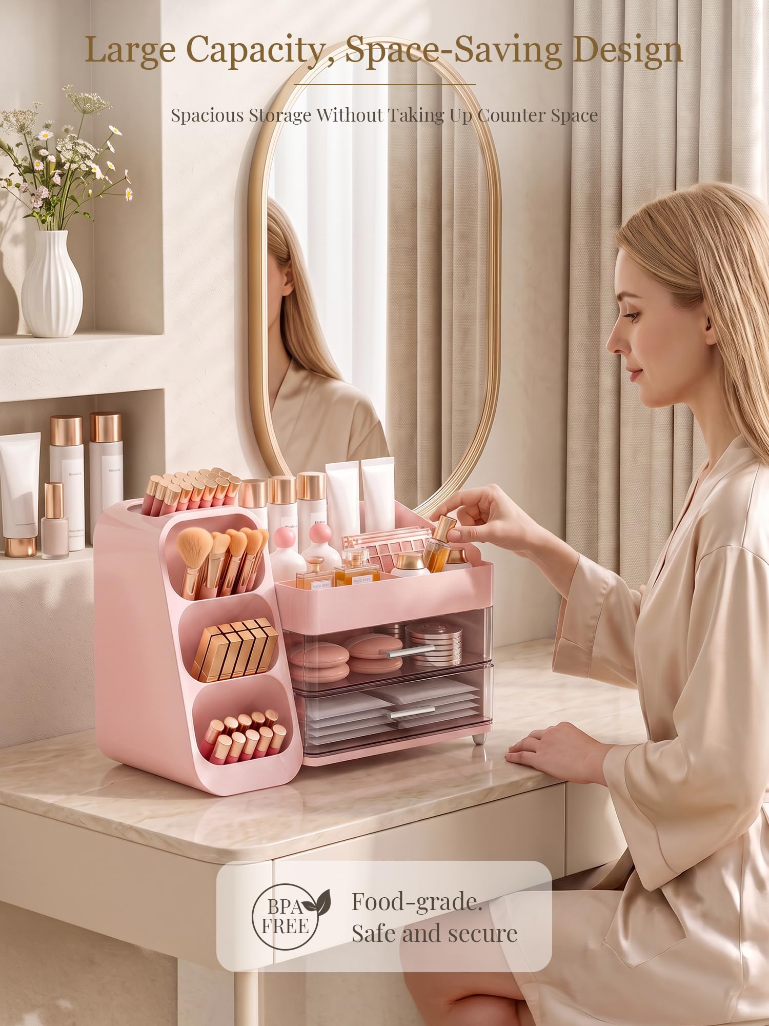 Booklov Large Makeup Organizer for Vanity Countertop, Pink 3
