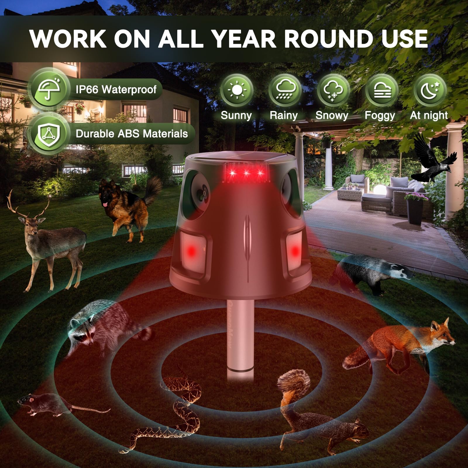 Ahuyentador de gatos ultrasónico solar, para jardín, impermeable, 5 modos, ajustable, carga solar, 360°, eficaz para gatos, perros, pájaros, ratones