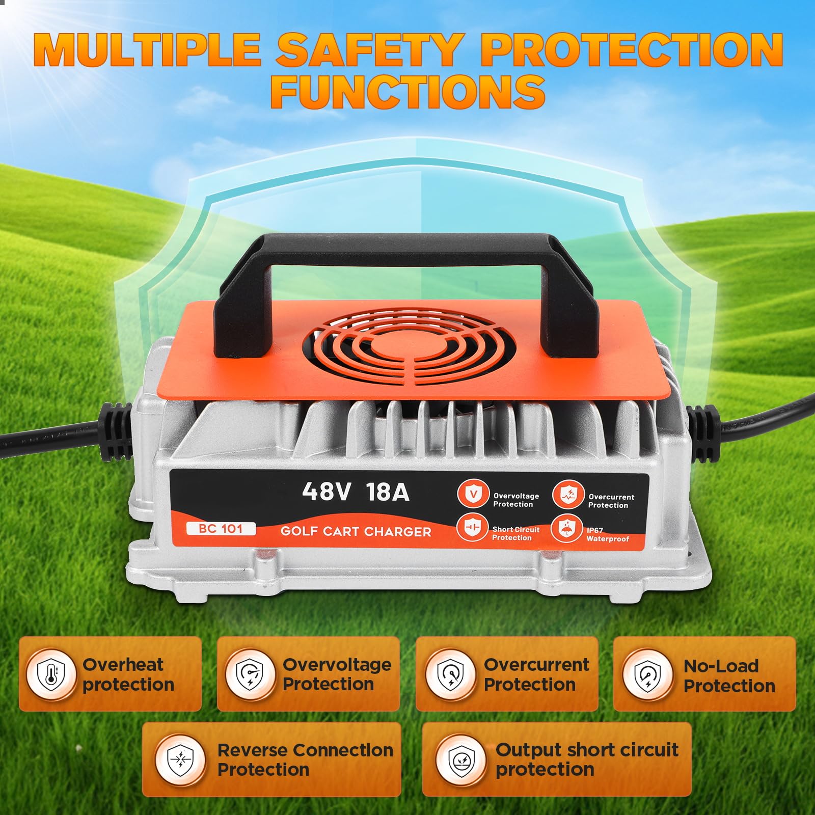KAISAL Caricabatterie 48V 18A per Golf Cart Club Car, Caricabatterie Impermeabile IP67, Ricarica Intelligente Automatica a 5 Fasi, Caricabatterie per Batterie al Piombo-acido 48V, Spina Rotonda 3 Pin